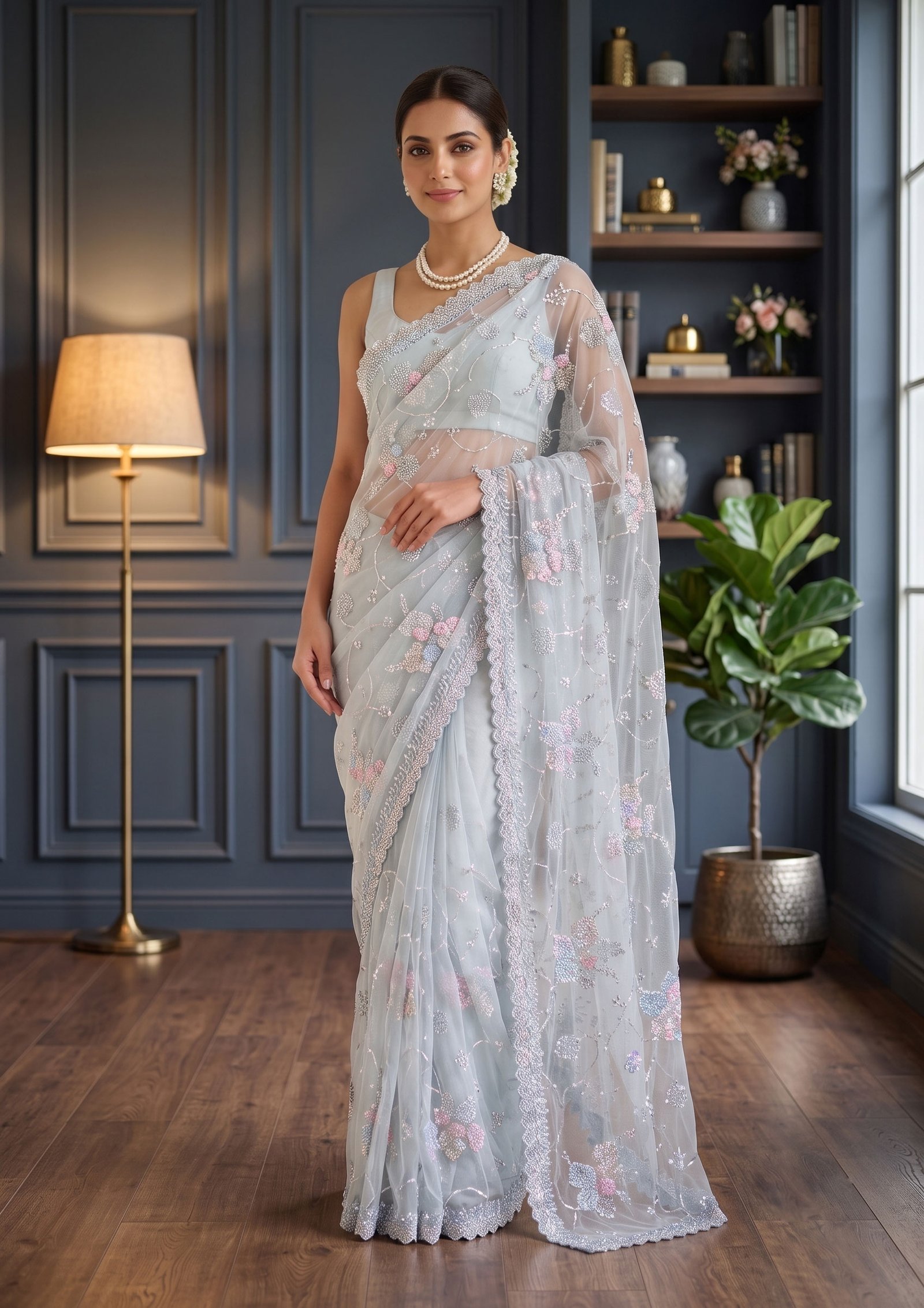 Rajshri Fashions Ethereal Powder Blue Floral Embroidered Net Saree - Rajshri Fashions Sowcarpet Chennai