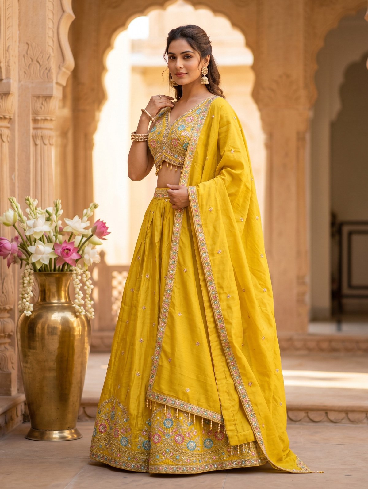 Rajshri Fashions Radiant Sun-Kissed Mustard Yellow Embroidered Silk Lehenga Set - Rajshri Fashions Sowcarpet Chennai