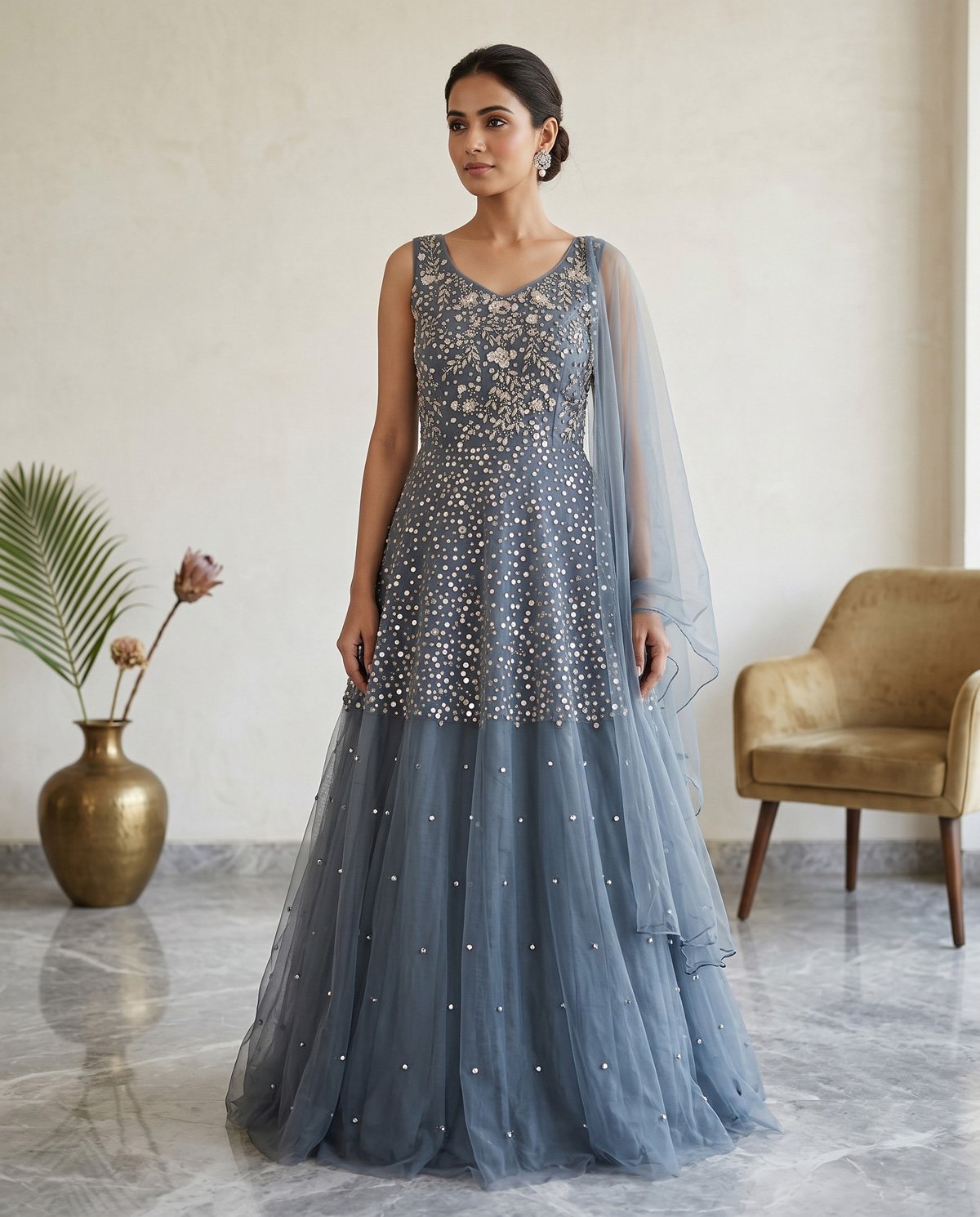 Rajshri Fashions Slate Grey Embellished Tulle Evening Gown