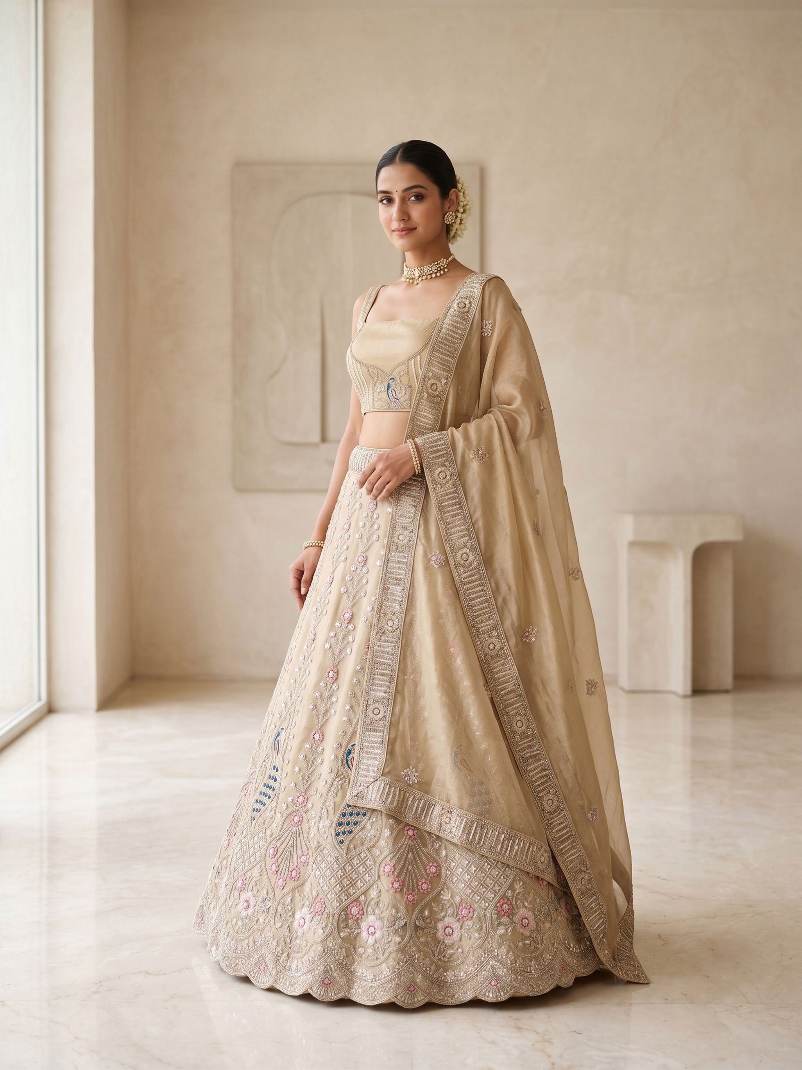 Rajshri Fashions Champagne Gold Floral Embroidered Organza Lehenga Set - Rajshri Fashions Sowcarpet Chennai