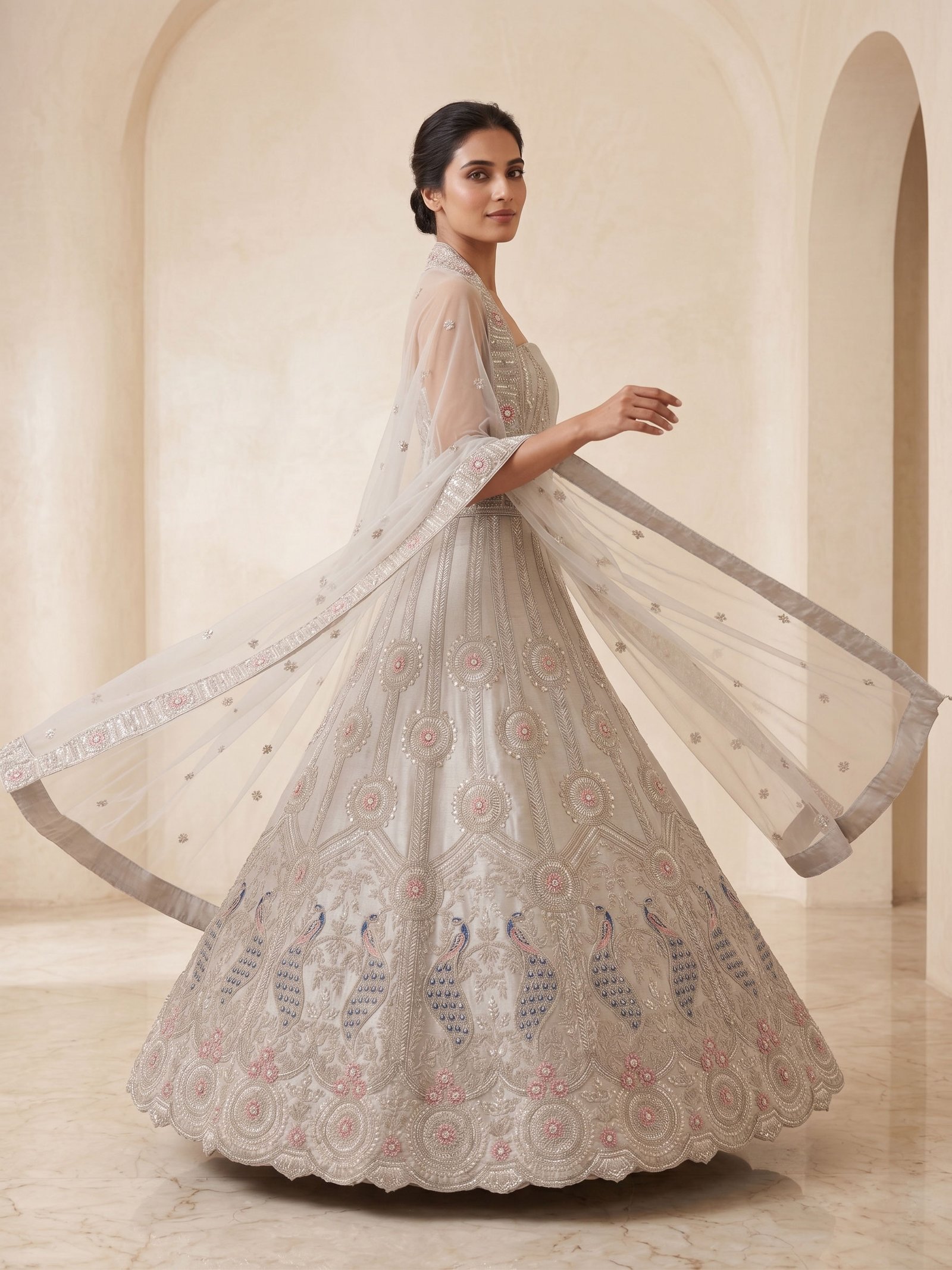Rajshri Fashions Ethereal Silver Grey Hand-Embroidered Peacock Motif Lehenga - Rajshri Fashions Sowcarpet Chennai