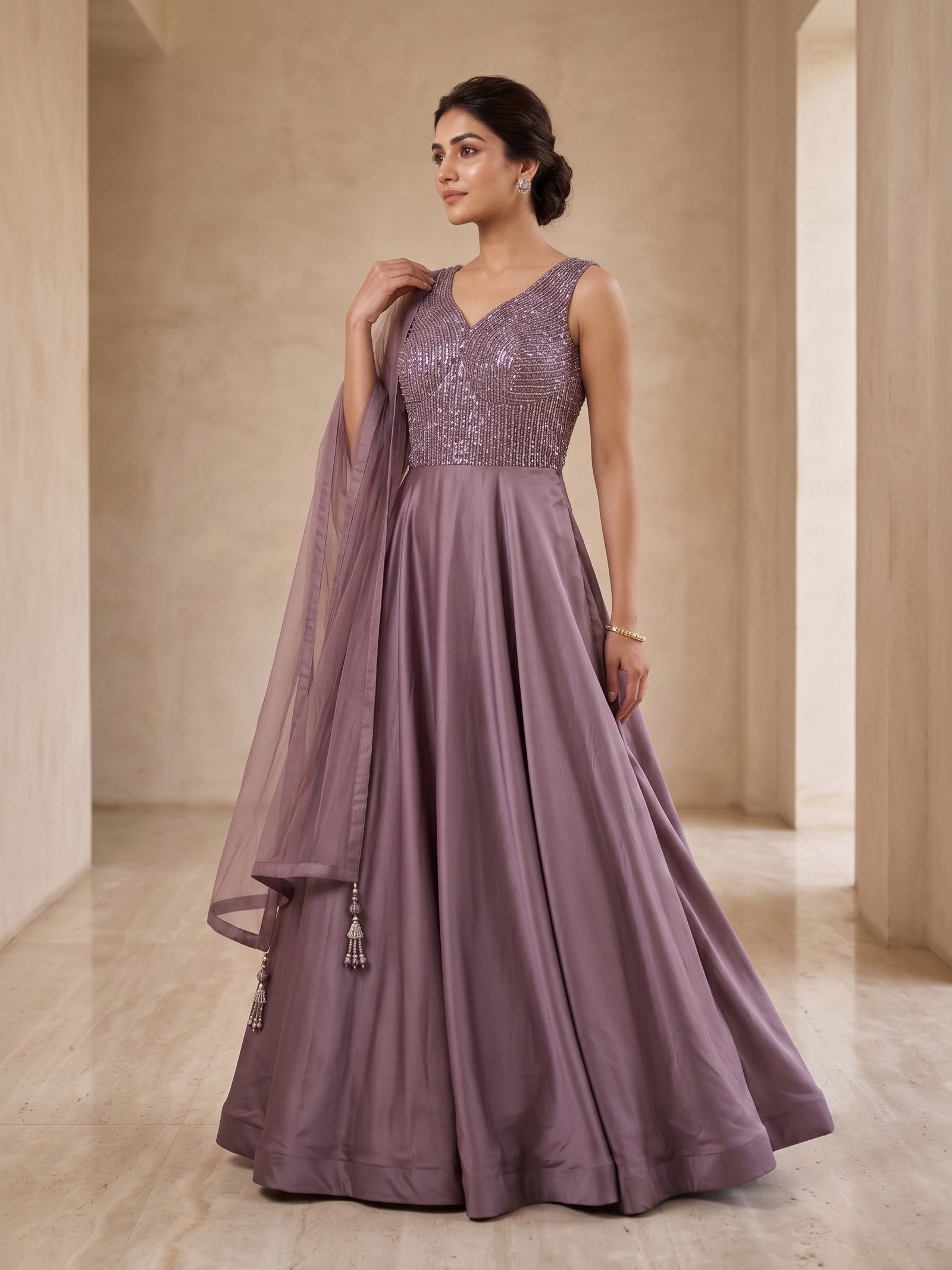 Rajshri Fashions Rose Gold Shimmer Sequined Evening Gown - Rajshri Fashions Sowcarpet Chennai