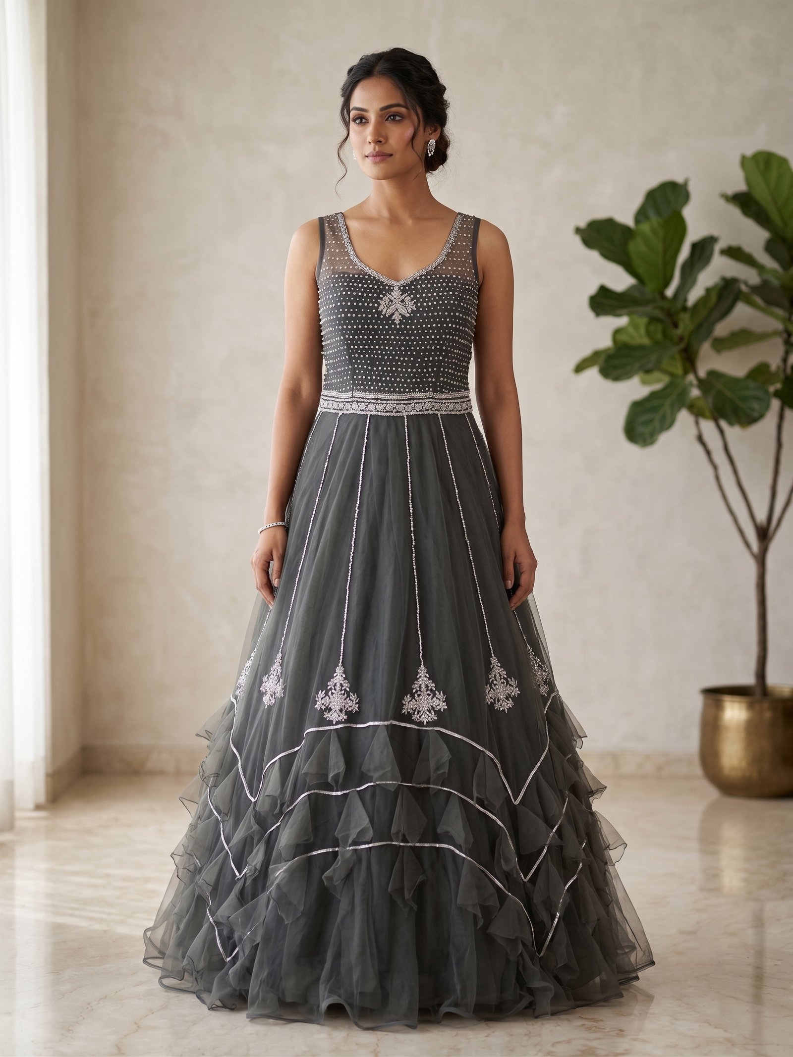 Rajshri Fashions Slate Grey Embellished Tulle Ruffle Gown - Rajshri Fashions Sowcarpet Chennai