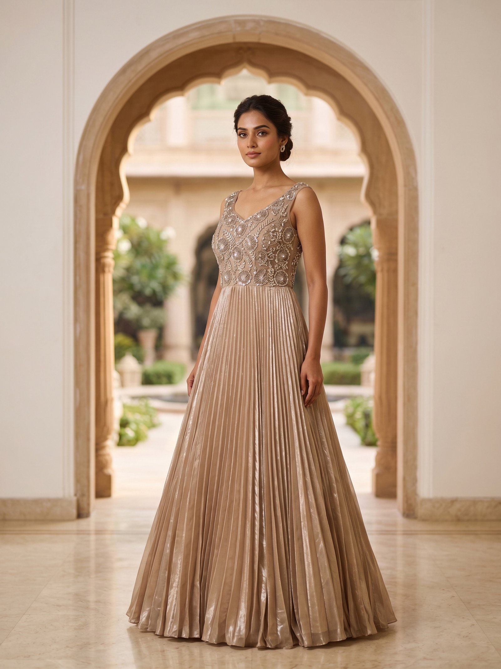 Rajshri Fashions Tissue Gold Pleated Embellished Evening Gown - Rajshri Fashions Sowcarpet Chennai