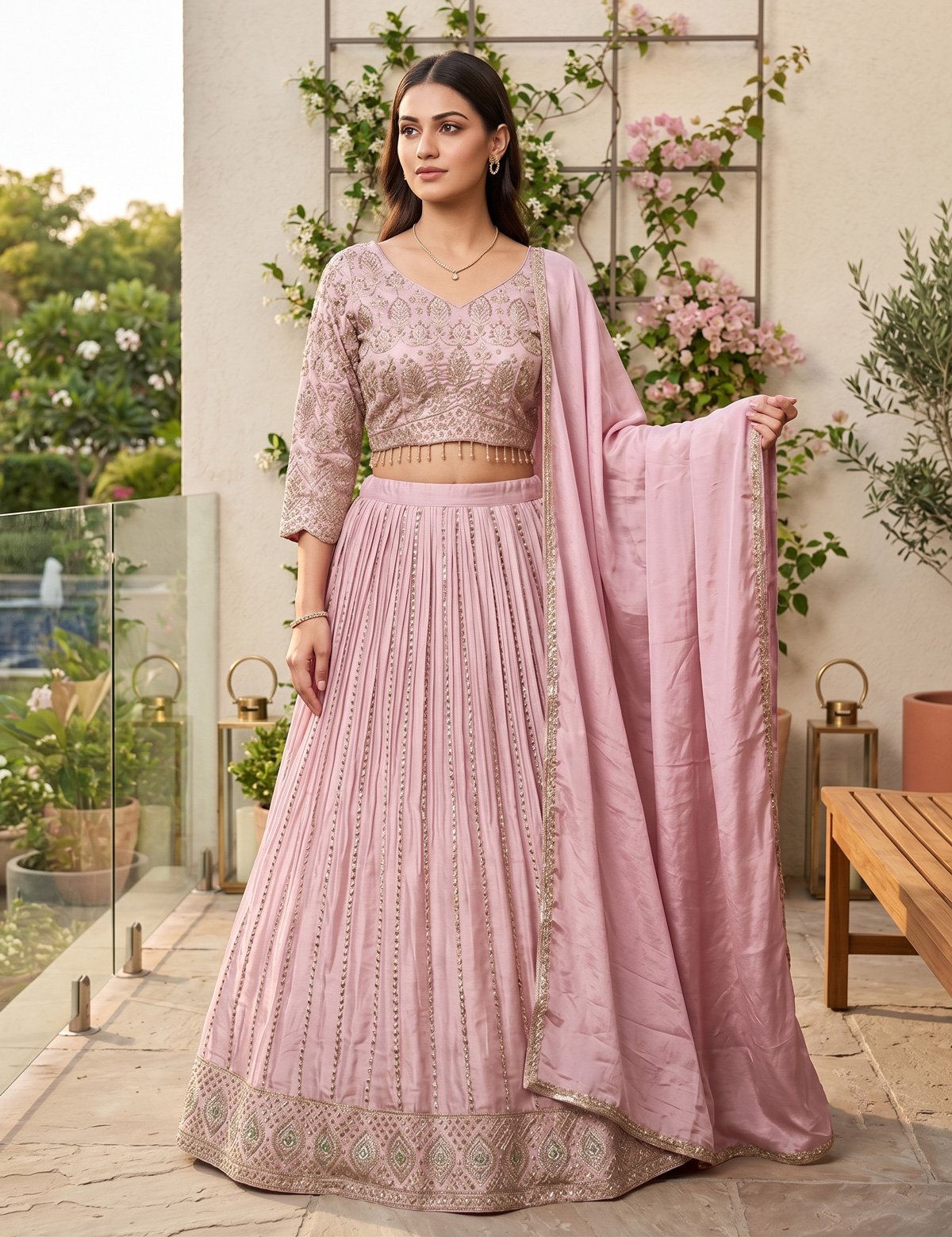 Rajshri Fashions Blush Pink Embroidered Pleated Lehenga Set - Rajshri Fashions Sowcarpet Chennai