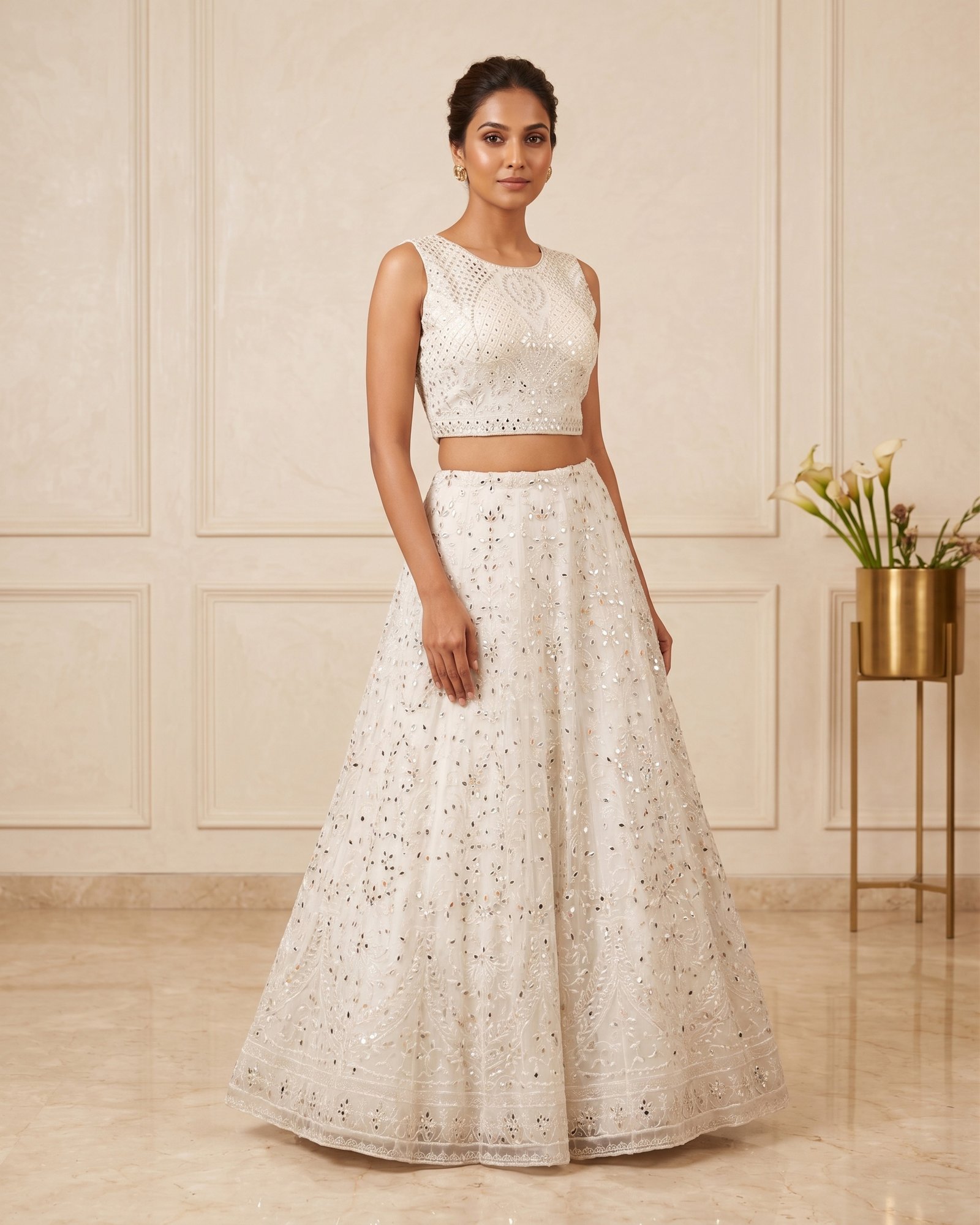 Rajshri Fashions White Mirror-Work Embellished Net Lehenga Set - Rajshri Fashions Sowcarpet Chennai