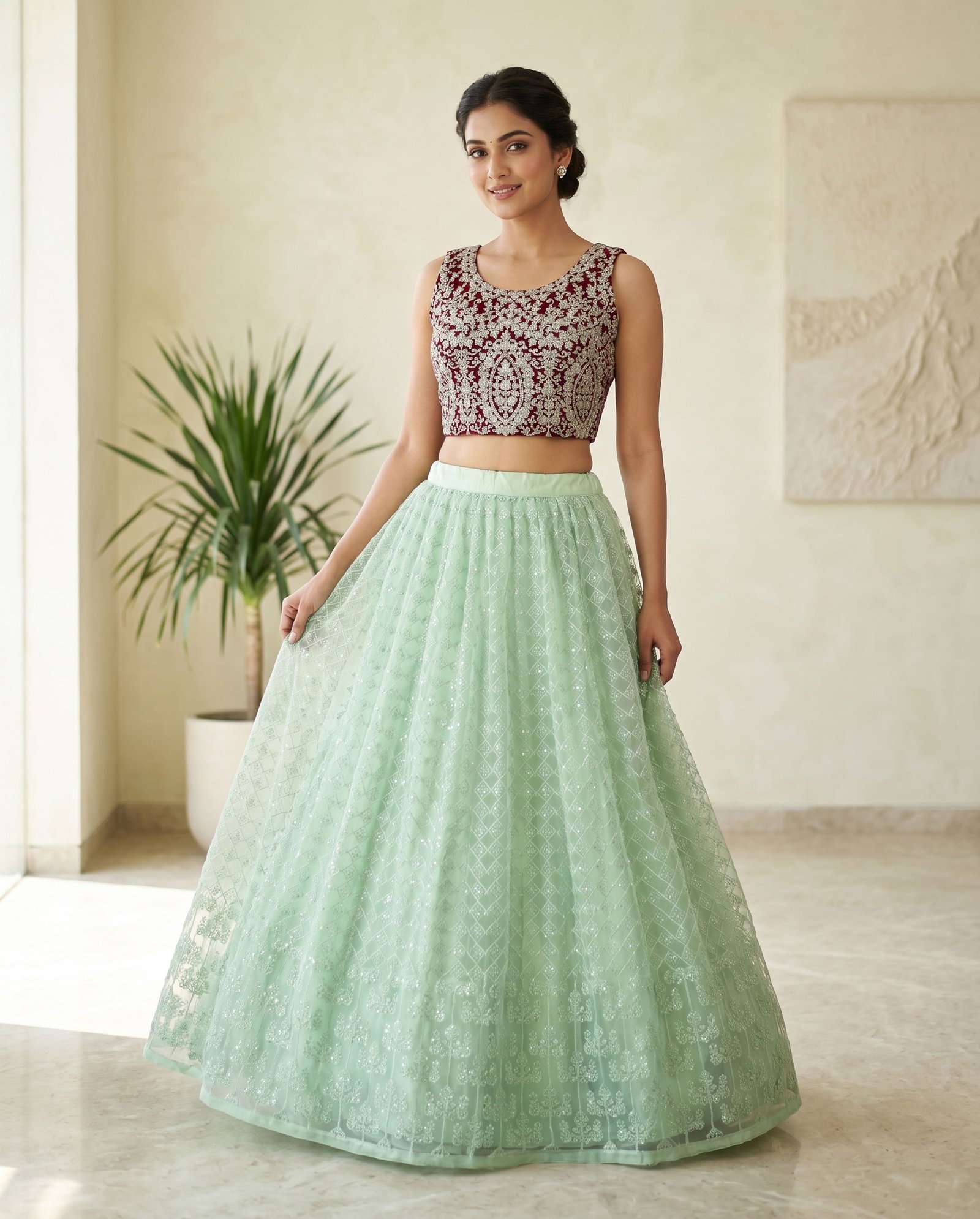 Rajshri Fashions Maroon Velvet & Mint Green Sequined Net Lehenga Set - Rajshri Fashions Sowcarpet Chennai