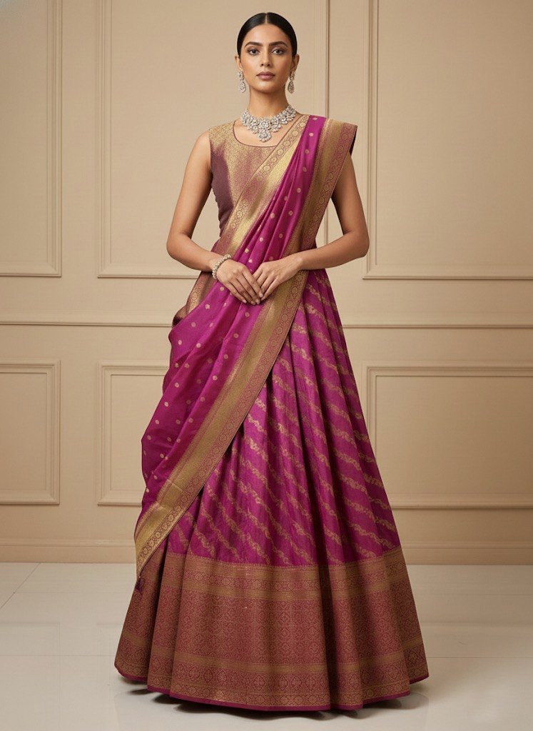 Rajshri Fashions Royal Magenta Banarasi Silk Gown Set - Rajshri Fashions Sowcarpet Chennai