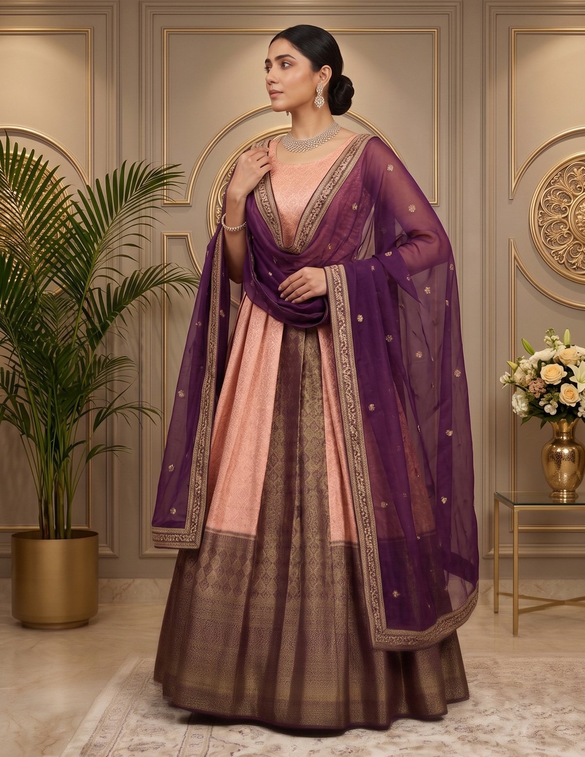 Rajshri Fashions Royal Peach and Deep Plum Banarasi Silk Gown Set - Rajshri Fashions Sowcarpet Chennai