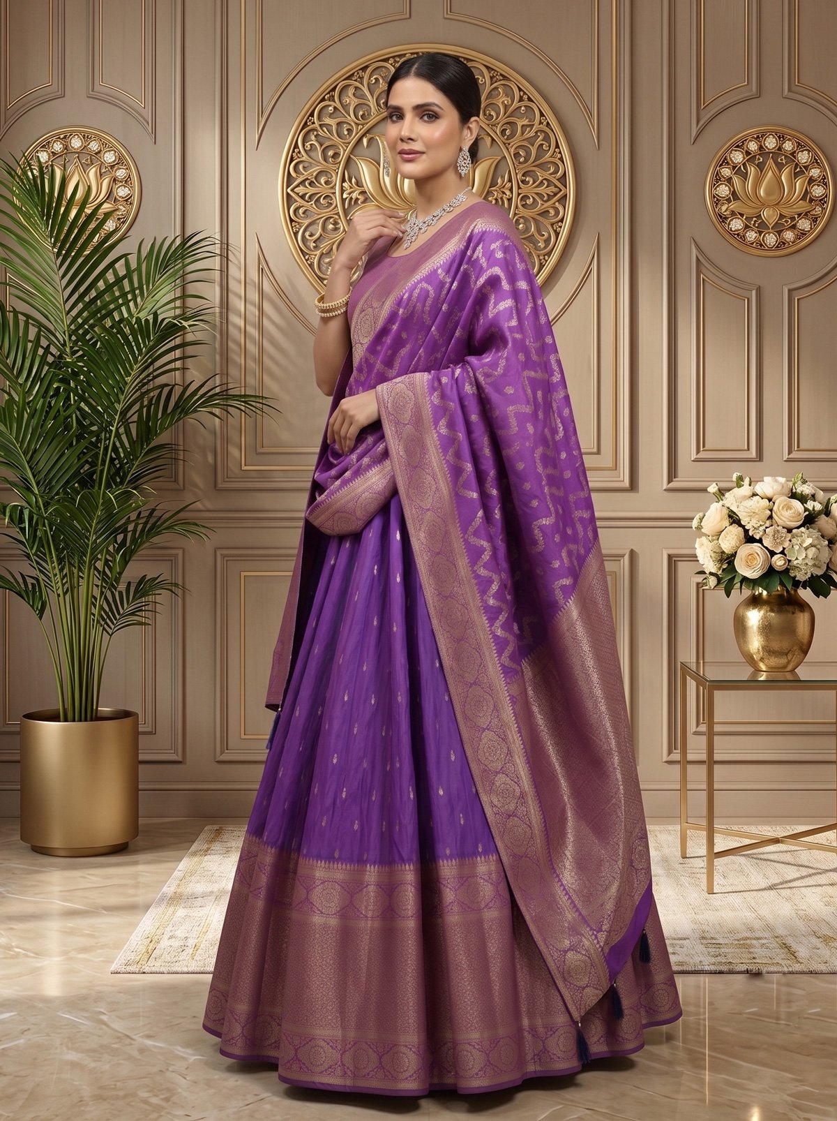 Rajshri Fashions Imperial Royal Purple Banarasi Silk Gown Set - Rajshri Fashions Sowcarpet Chennai