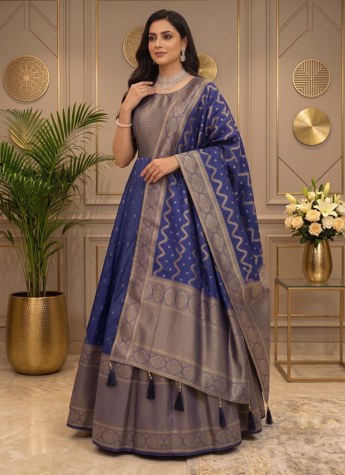 Rajshri Fashions Royal Blue Banarasi Silk Flared Gown Set - Rajshri Fashions Sowcarpet Chennai