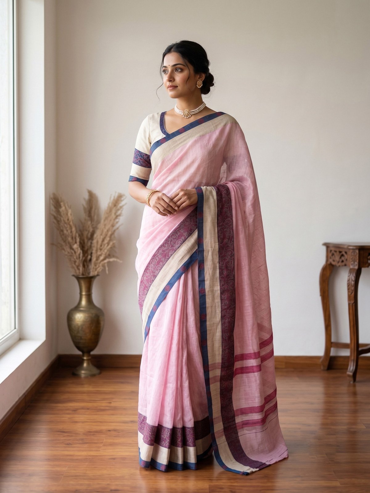 Rajshri Fashions Elegant Blush Pink Handloom Linen Saree - Rajshri Fashions Sowcarpet Chennai