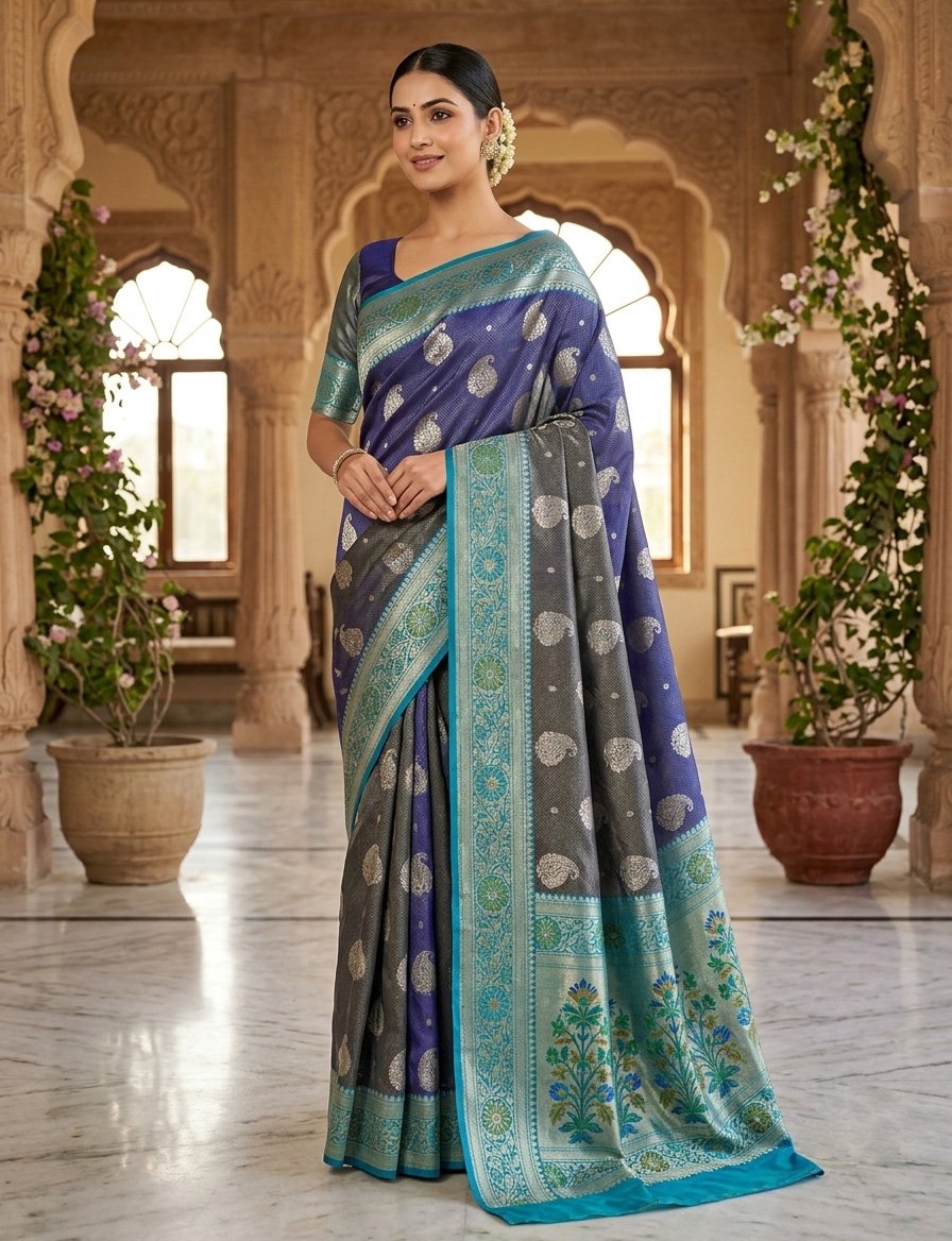 Rajshri Fashions Royal Blue and Charcoal Grey Banarasi Silk Saree - Rajshri Fashions Sowcarpet Chennai
