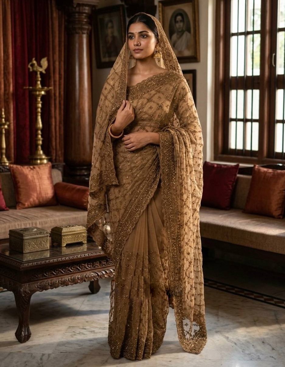 Rajshri Fashions Antique Gold Embellished Net Bridal Saree - Rajshri Fashions Sowcarpet Chennai