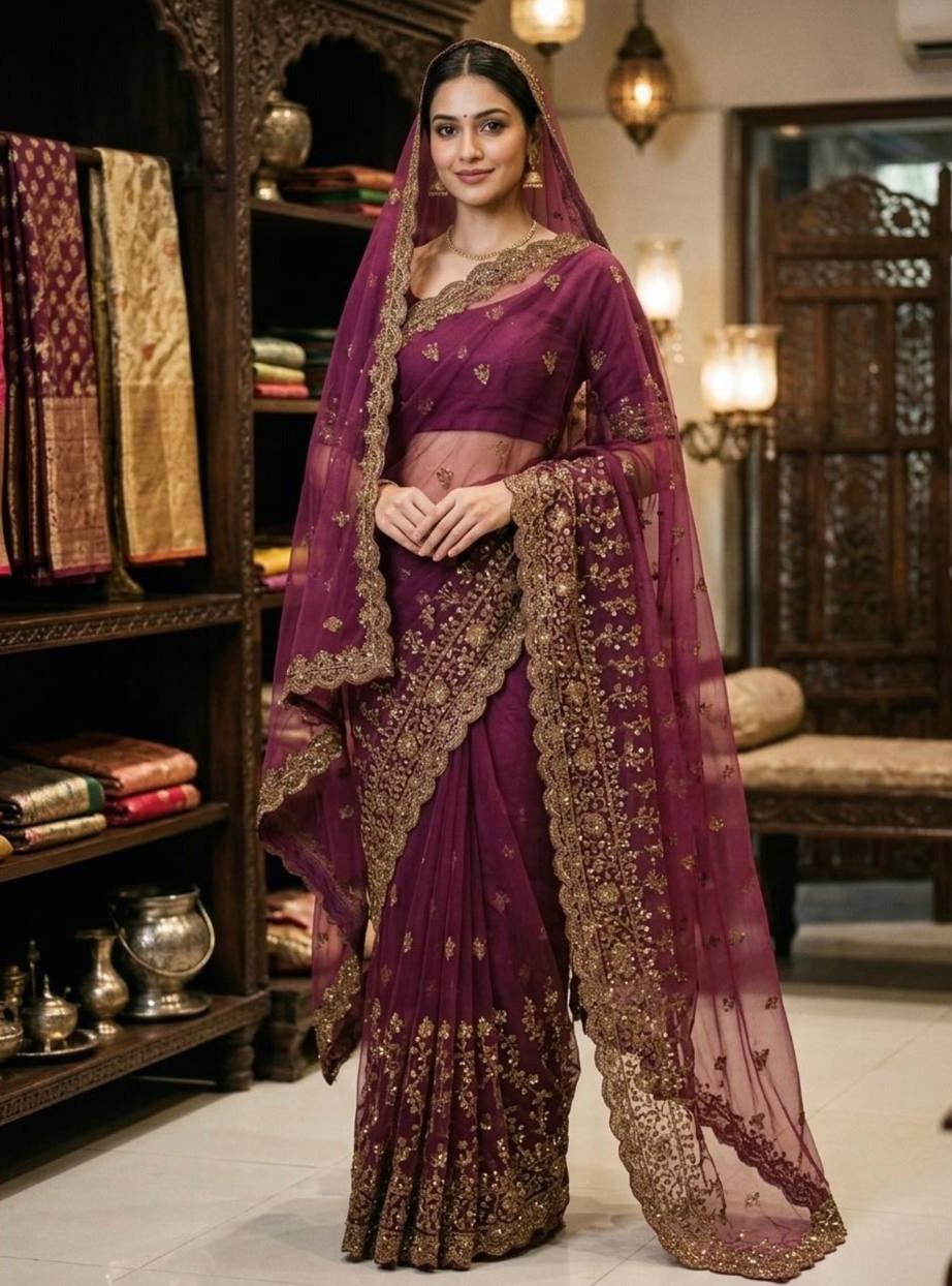 Rajshri Fashions Royal Wine Net Embroidered Bridal Saree - Rajshri Fashions Sowcarpet Chennai
