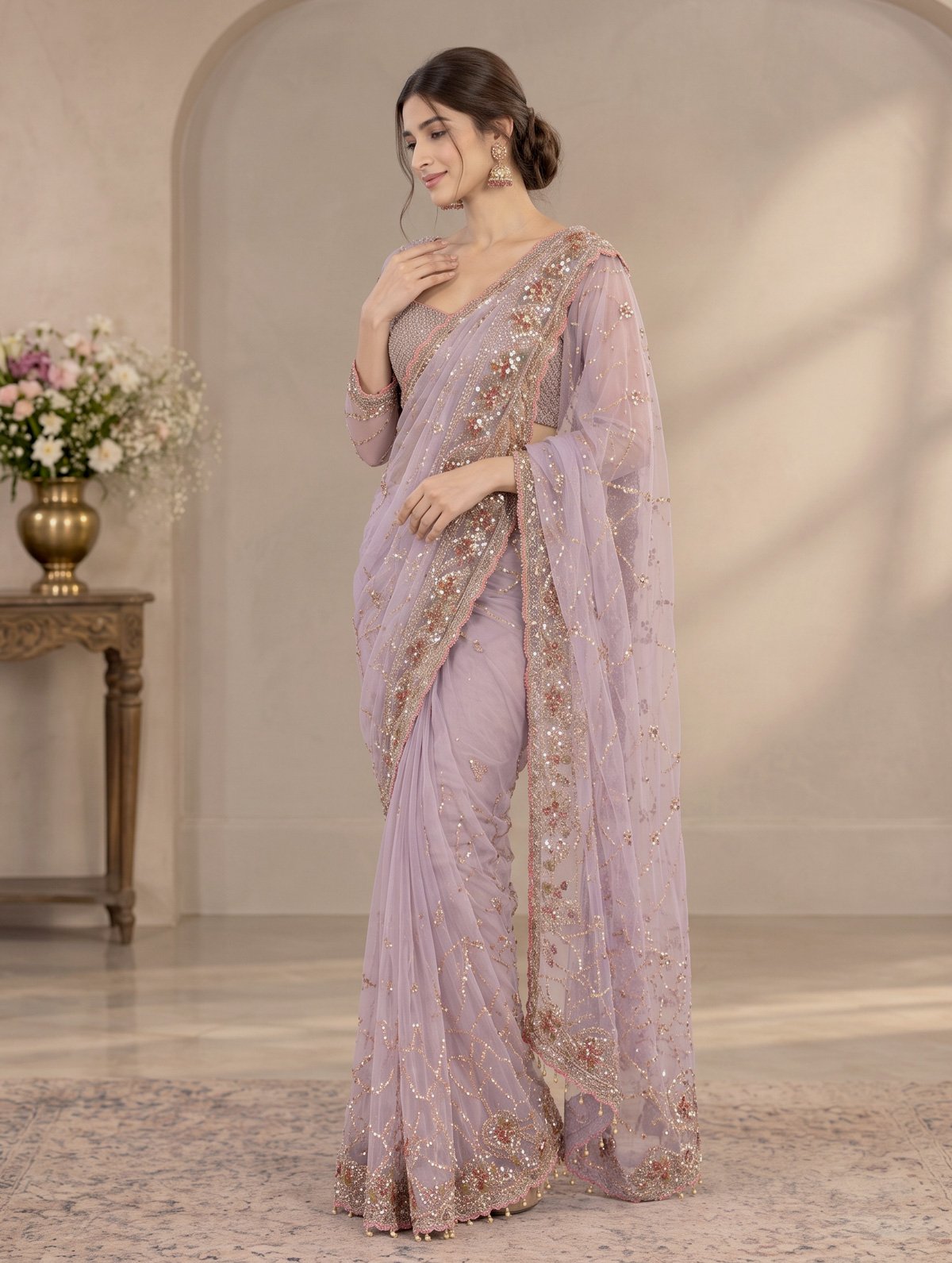 Rajshri Fashions Lavender Tulle Hand-Embellished Sequined Saree - Rajshri Fashions Sowcarpet Chennai