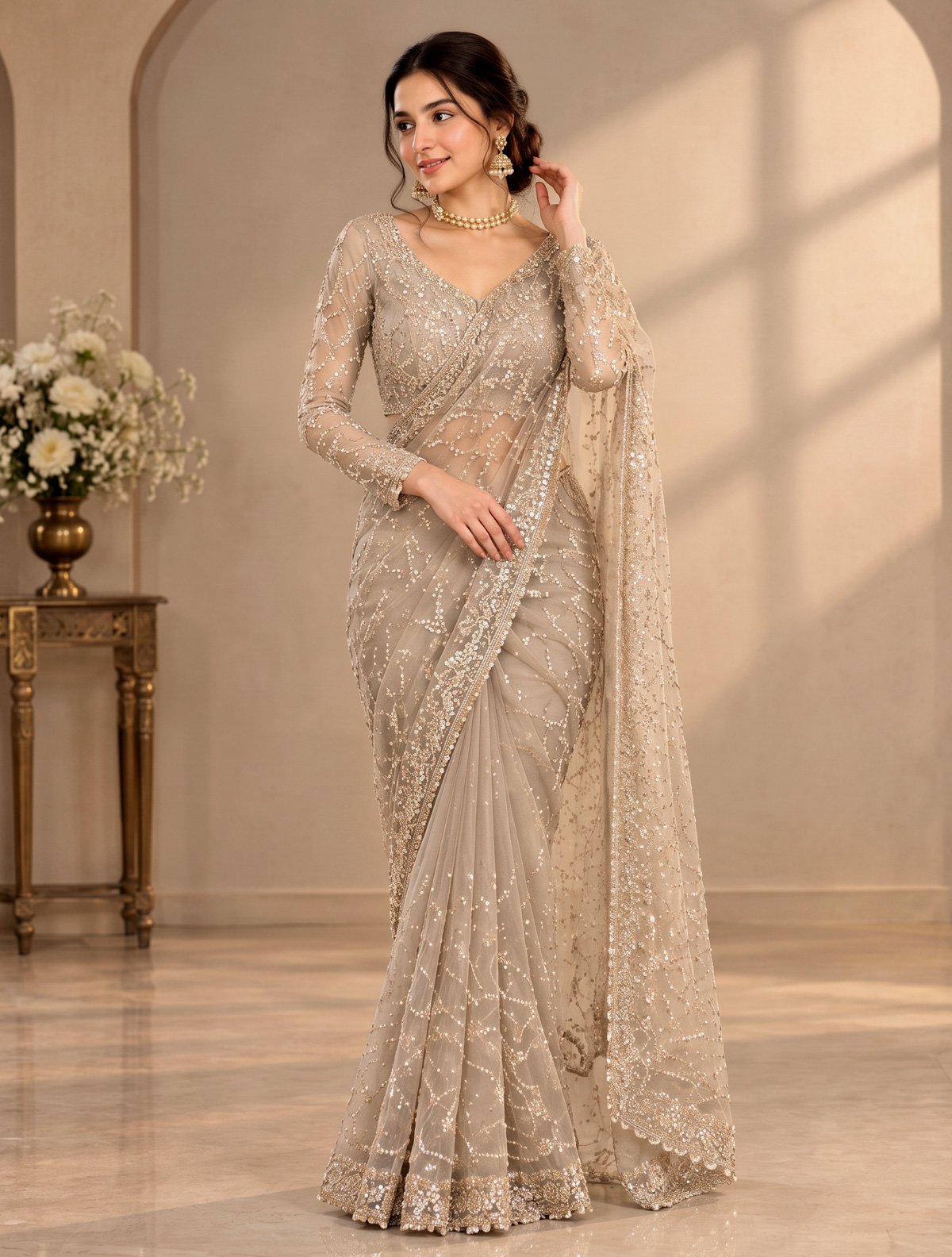 Rajshri Fashions Champagne Gold Sequined Net Designer Saree - Rajshri Fashions Sowcarpet Chennai