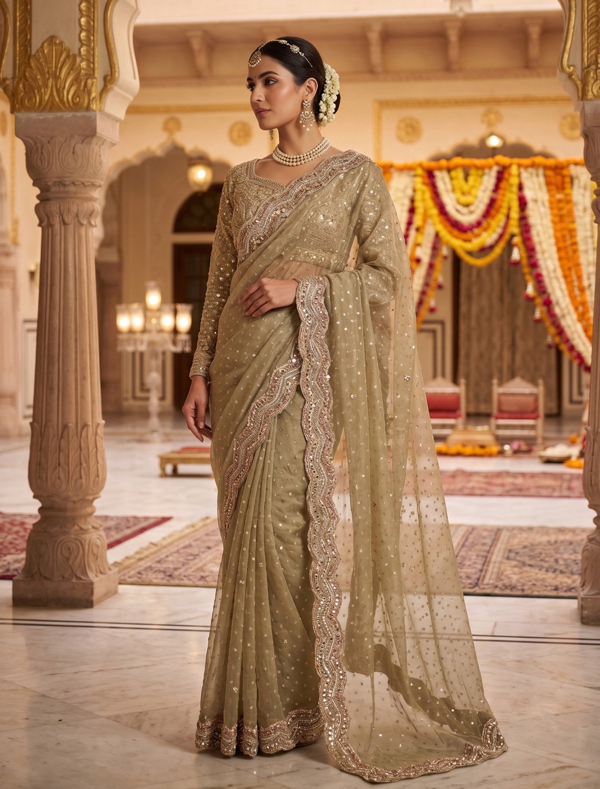 Rajshri Fashions Champagne Gold Embellished Tissue Saree - Rajshri Fashions Sowcarpet Chennai