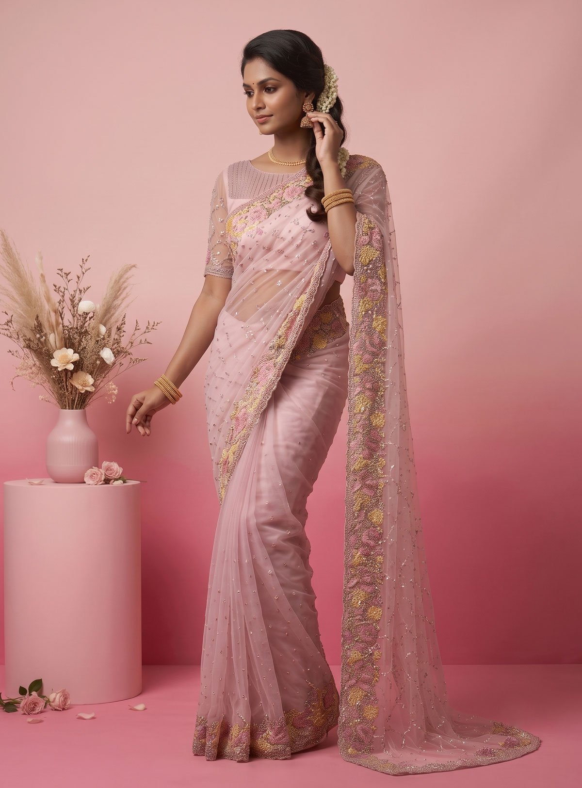 Rajshri Fashions Blush Pink Ethereal Net Embroidered Saree - Rajshri Fashions Sowcarpet Chennai