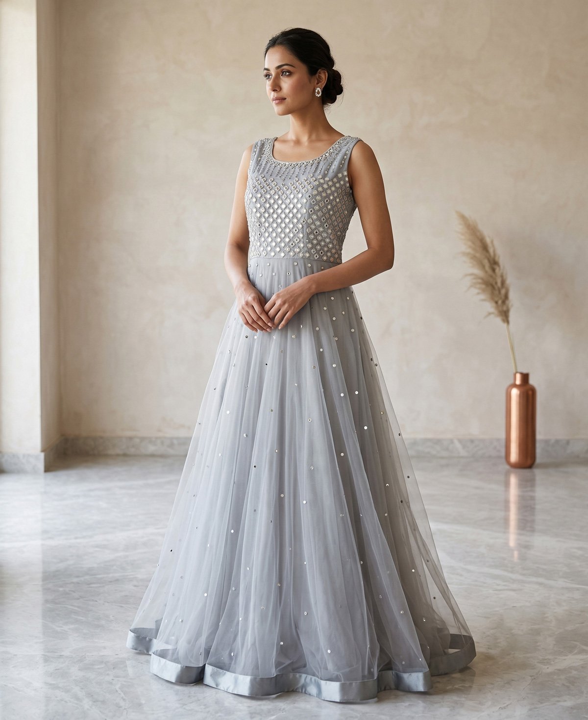 Rajshri Fashions Ethereal Silver Grey Mirror-Work Embellished Gown - Rajshri Fashions Sowcarpet Chennai