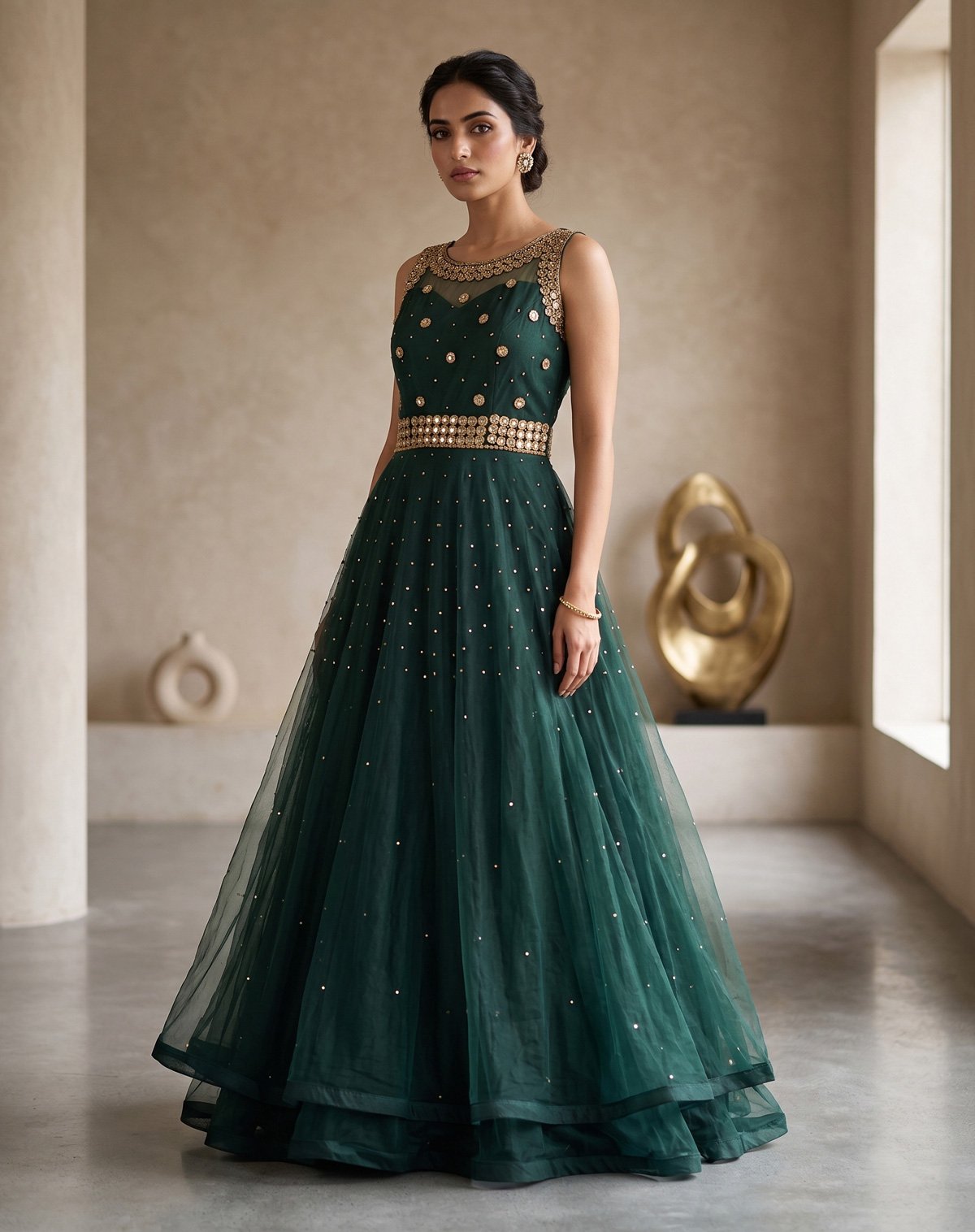 Rajshri Fashions Emerald Velvet & Tulle Embellished Evening Gown