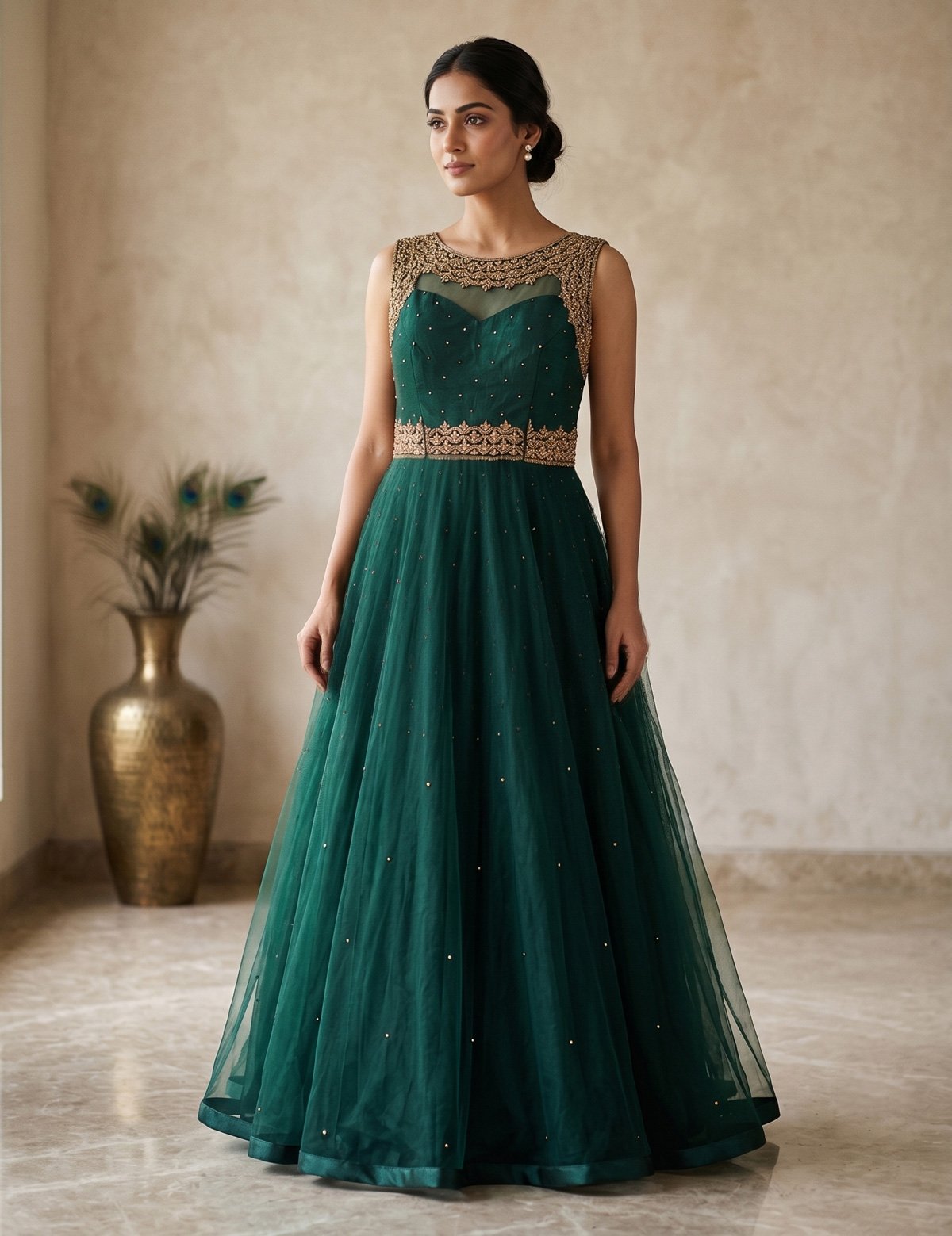 Rajshri Fashions Emerald Green Tulle Evening Gown with Antique Gold Zardosi Detailing