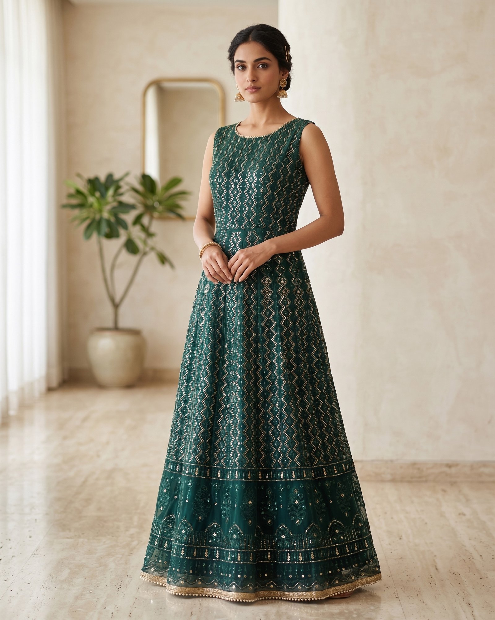 Rajshri Fashions Emerald Green Geometric Sequin Embroidered Floor-Length Gown
