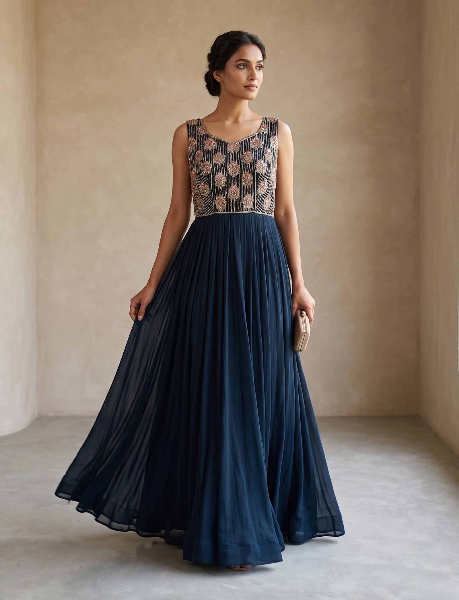 Rajshri Fashions Midnight Blue Embellished Bodice Pleated Gown