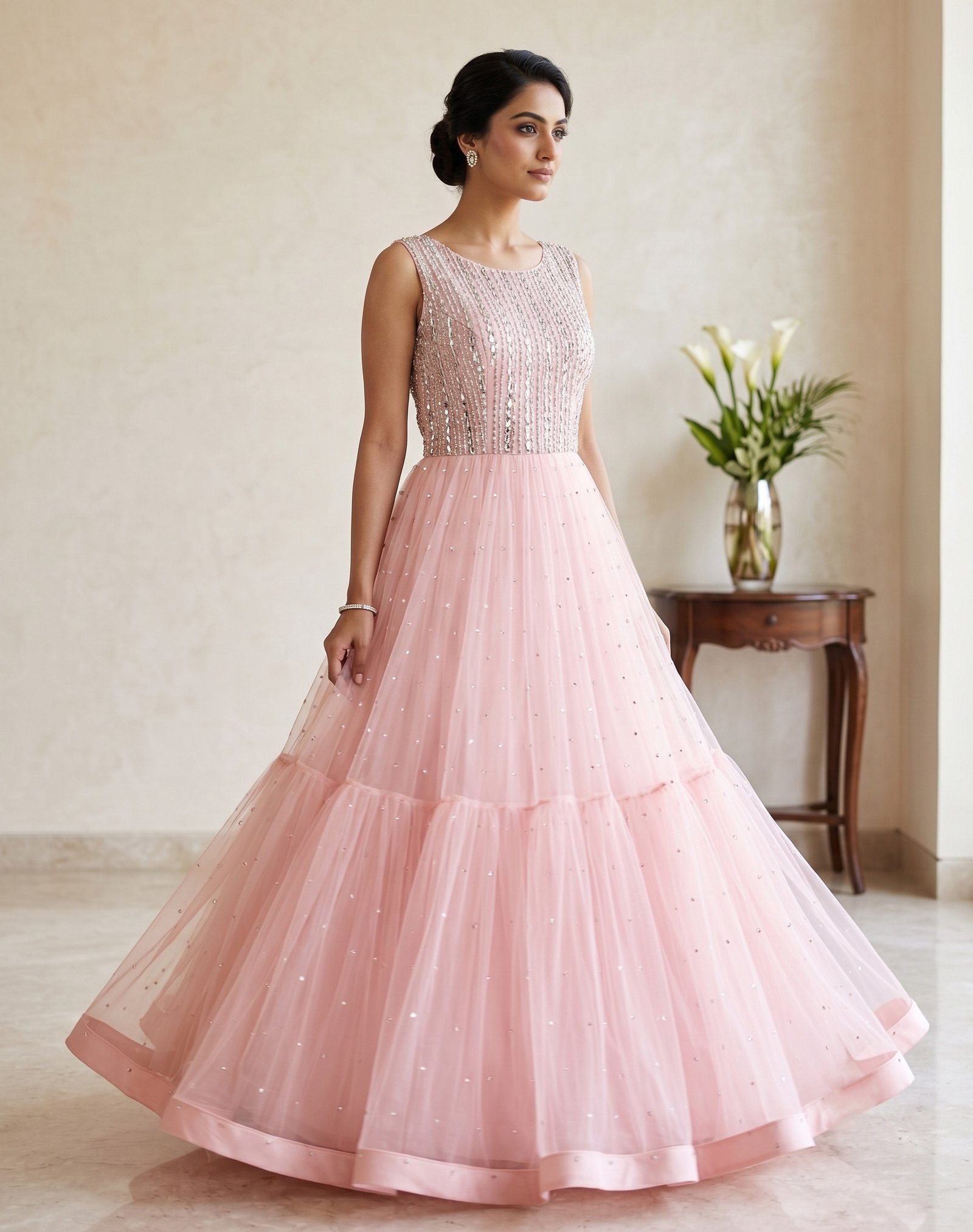 Rajshri Fashions Blush Pink Sequinned Tiered Tulle Gown