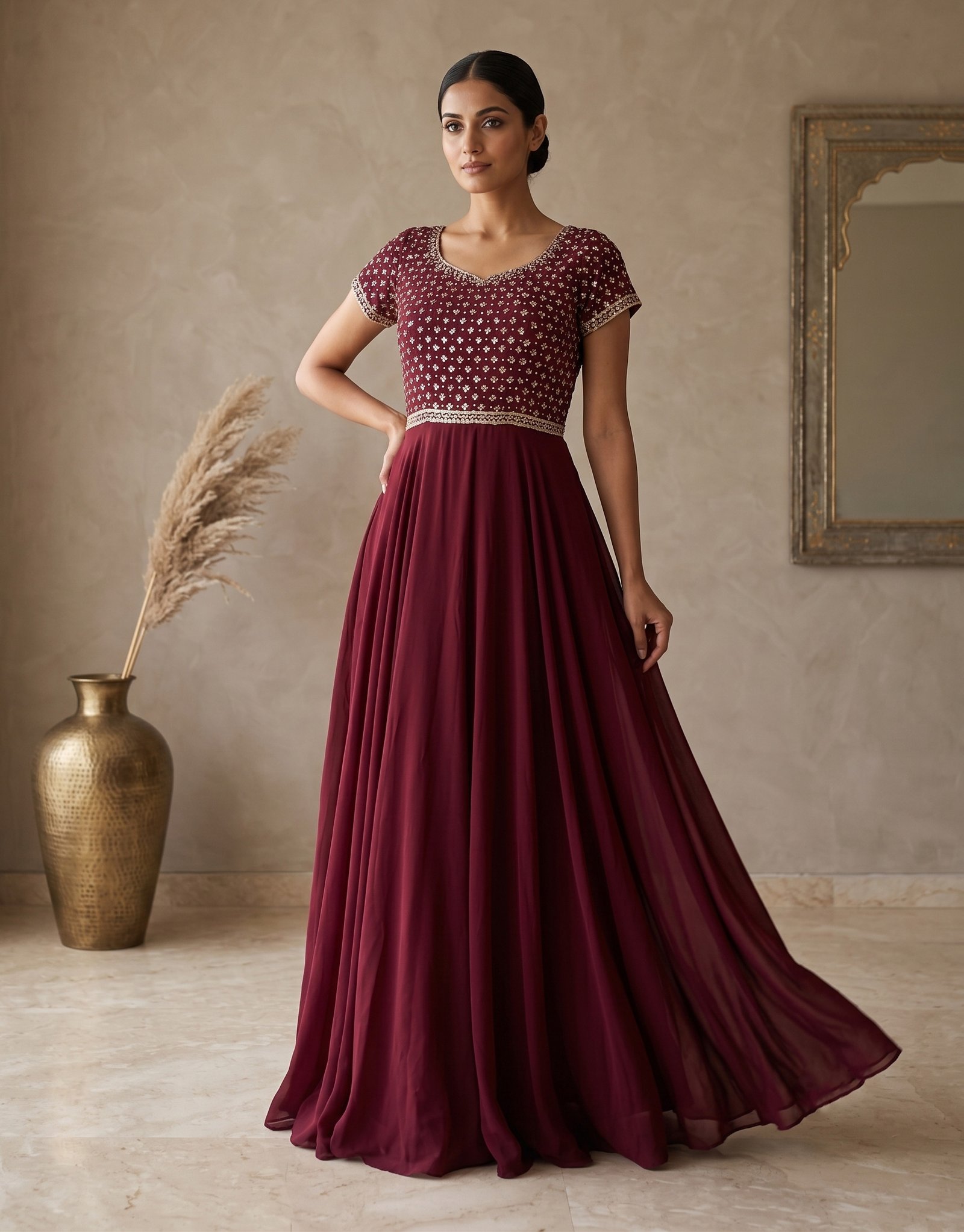 Rajshri Fashions Royal Maroon Georgette Embellished Floor-Length Gown - Rajshri Fashions Sowcarpet Chennai
