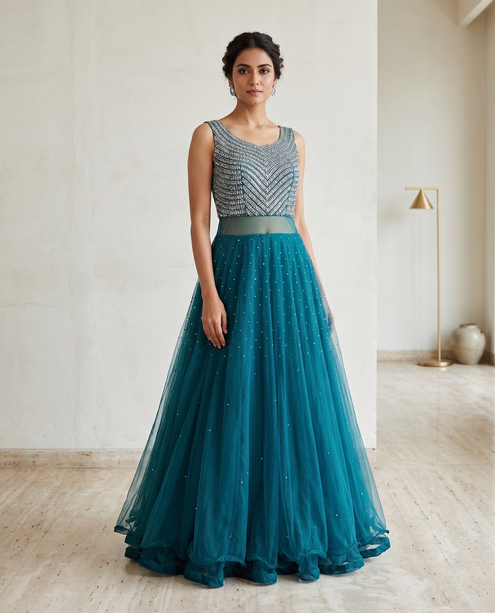 Rajshri Fashions Teal Blue Embellished Net Evening Gown - Rajshri Fashions Sowcarpet Chennai