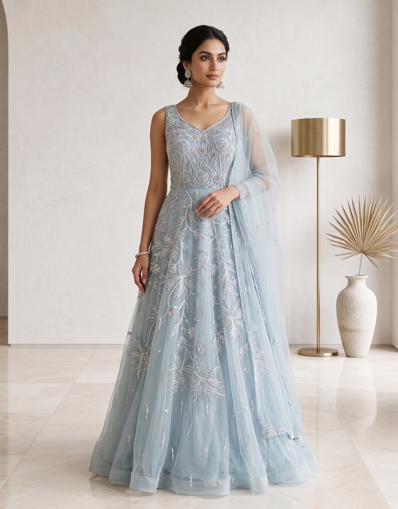 Rajshri Fashions Ethereal Powder Blue Embroidered Net Evening Gown - Rajshri Fashions Sowcarpet Chennai