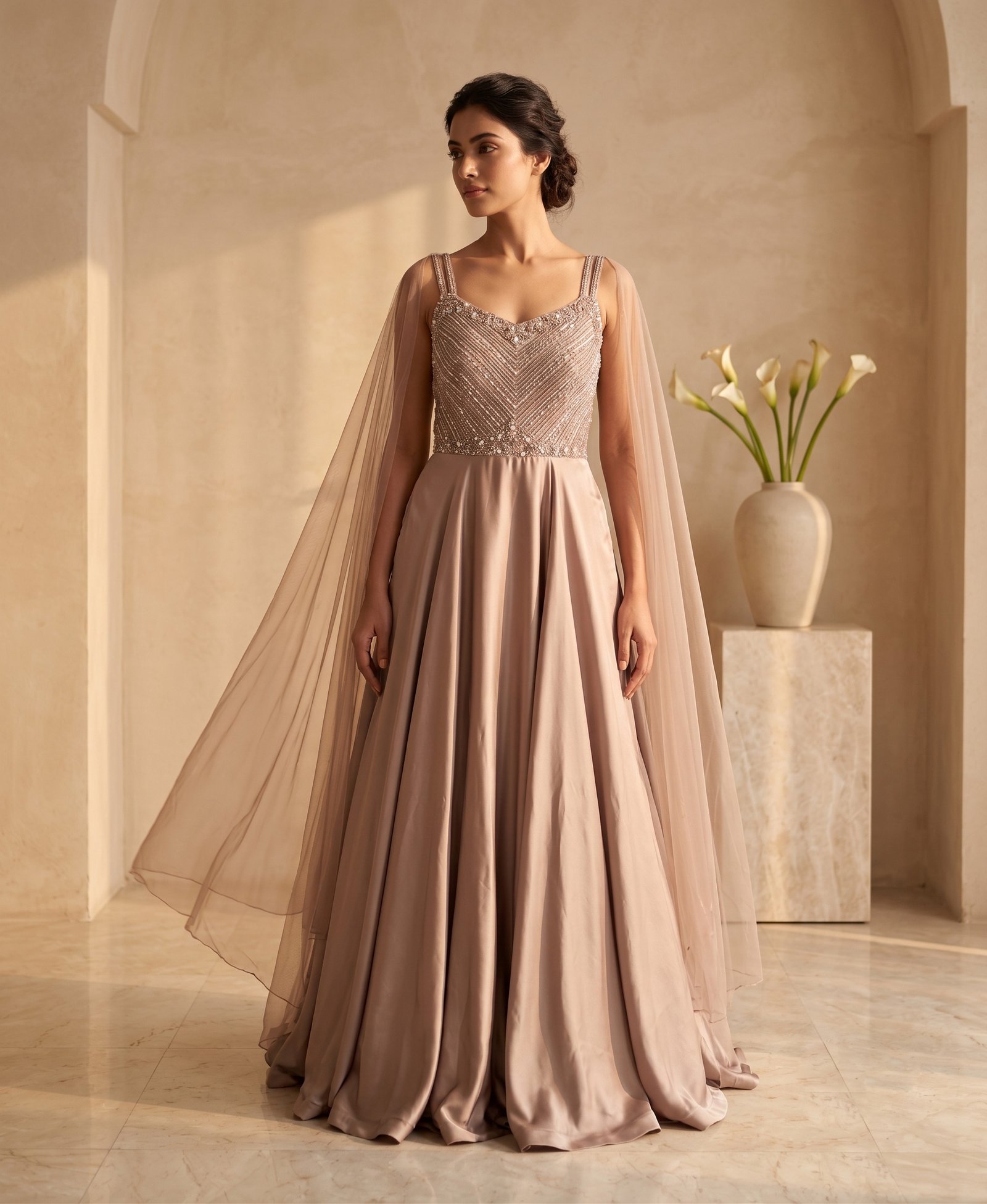 Rajshri Fashions Champagne Cream Embellished Tulle Cape Gown - Rajshri Fashions Sowcarpet Chennai