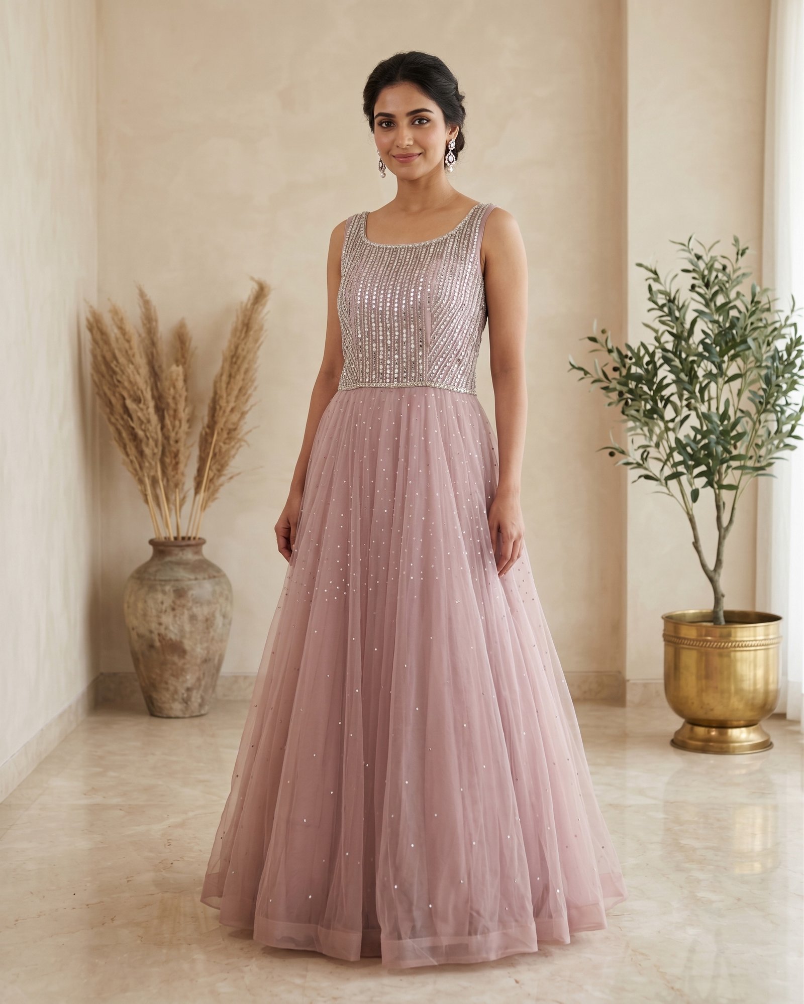 Rajshri Fashions Ethereal Blush Pink Embellished Tulle Gown - Rajshri Fashions Sowcarpet Chennai