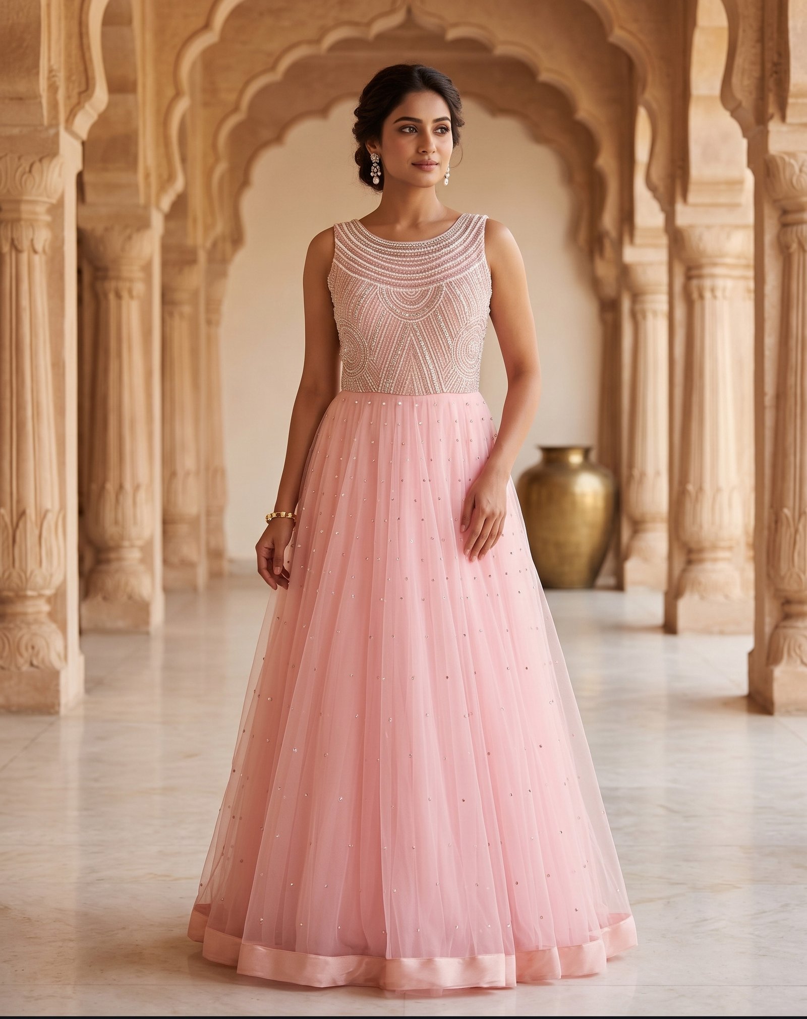 Rajshri Fashions Ethereal Blush Pink Embellished Tulle Evening Gown - Rajshri Fashions Sowcarpet Chennai