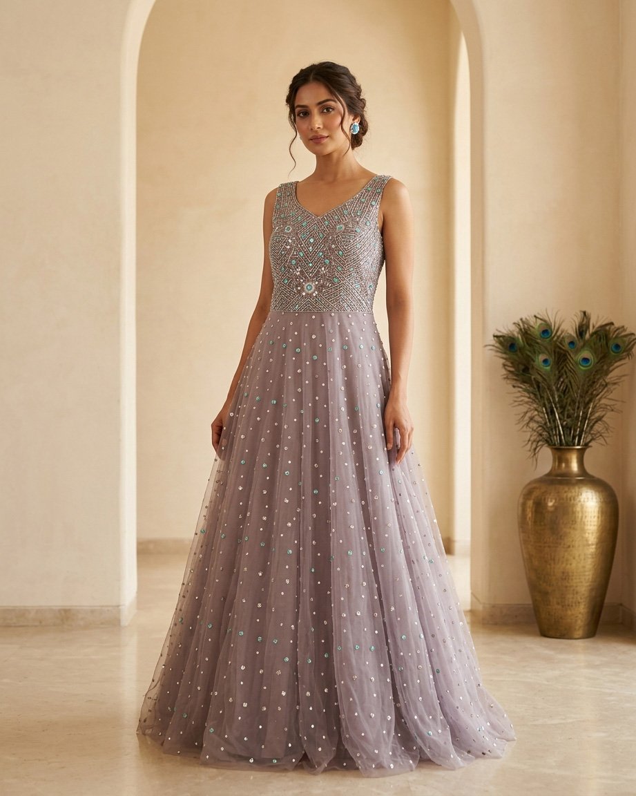 Rajshri Fashions Dusty Grey Embellished Evening Gown - Rajshri Fashions Sowcarpet Chennai