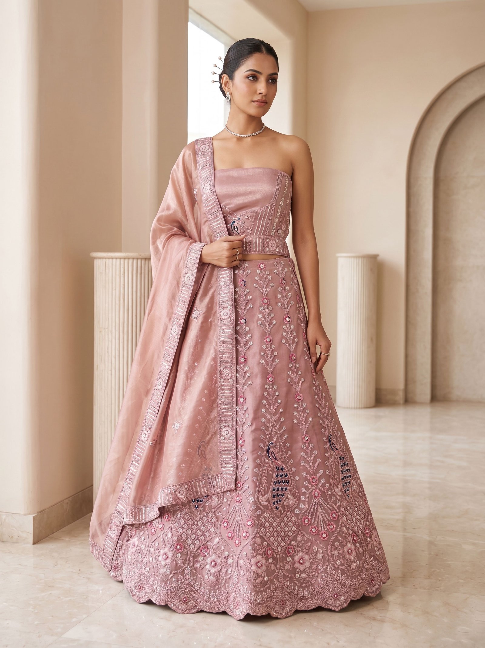 Rajshri Fashions Blush Pink Organza Peacock Motif Embroidered Lehenga - Rajshri Fashions Sowcarpet Chennai
