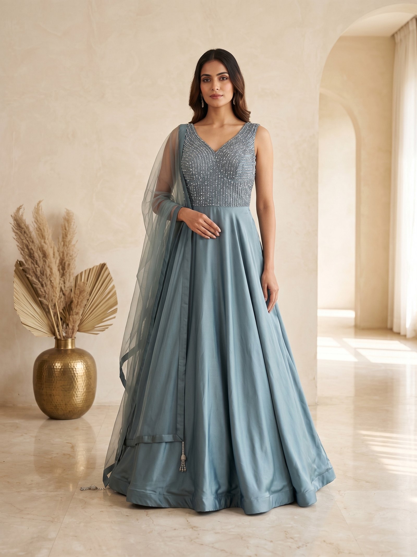 Rajshri Fashions Green Embellished Evening Gown with Sheer Dupatta - Rajshri Fashions Sowcarpet Chennai