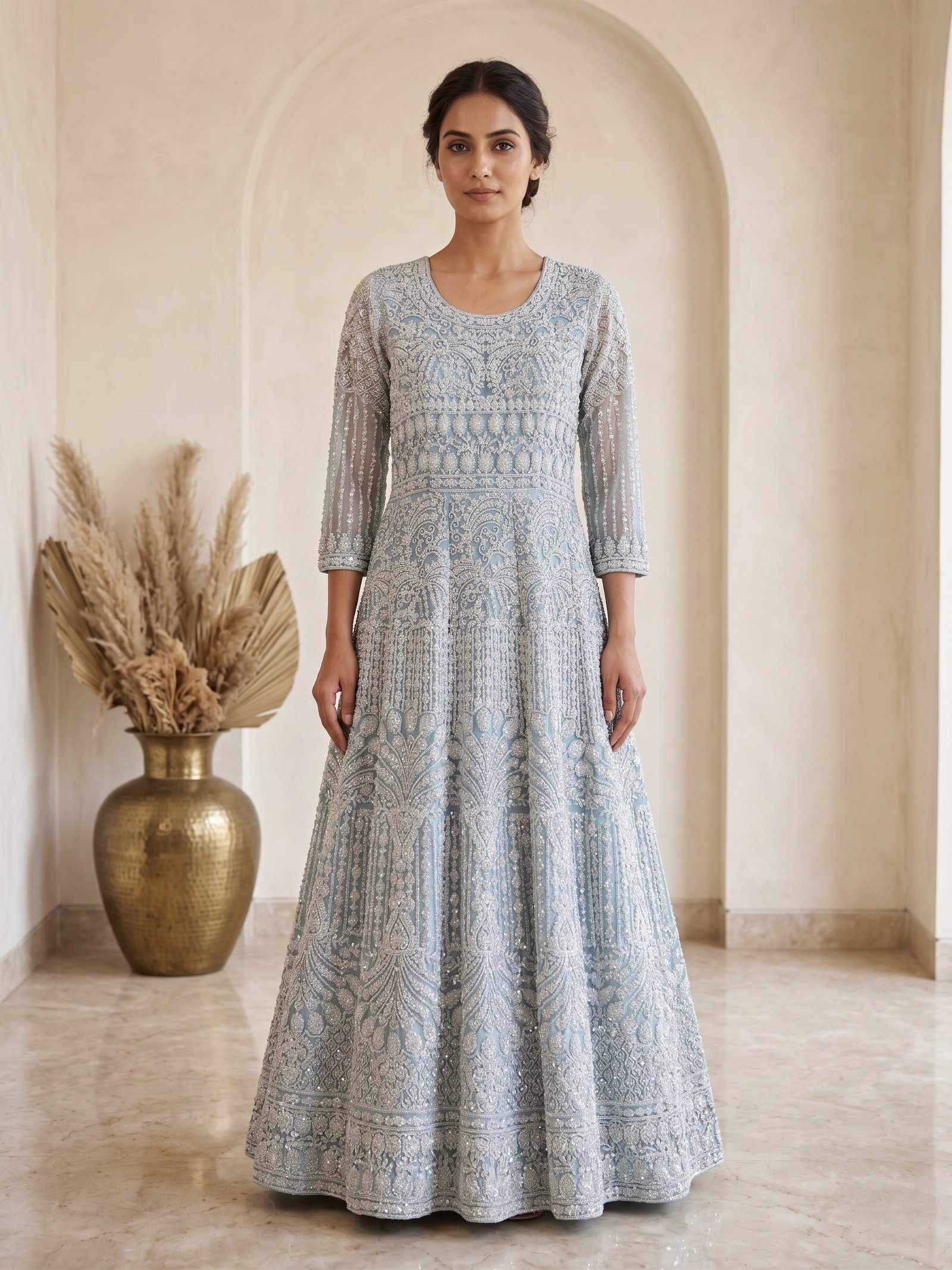 Rajshri Fashions Powder Blue Embellished Net Anarkali Gown - Rajshri Fashions Sowcarpet Chennai