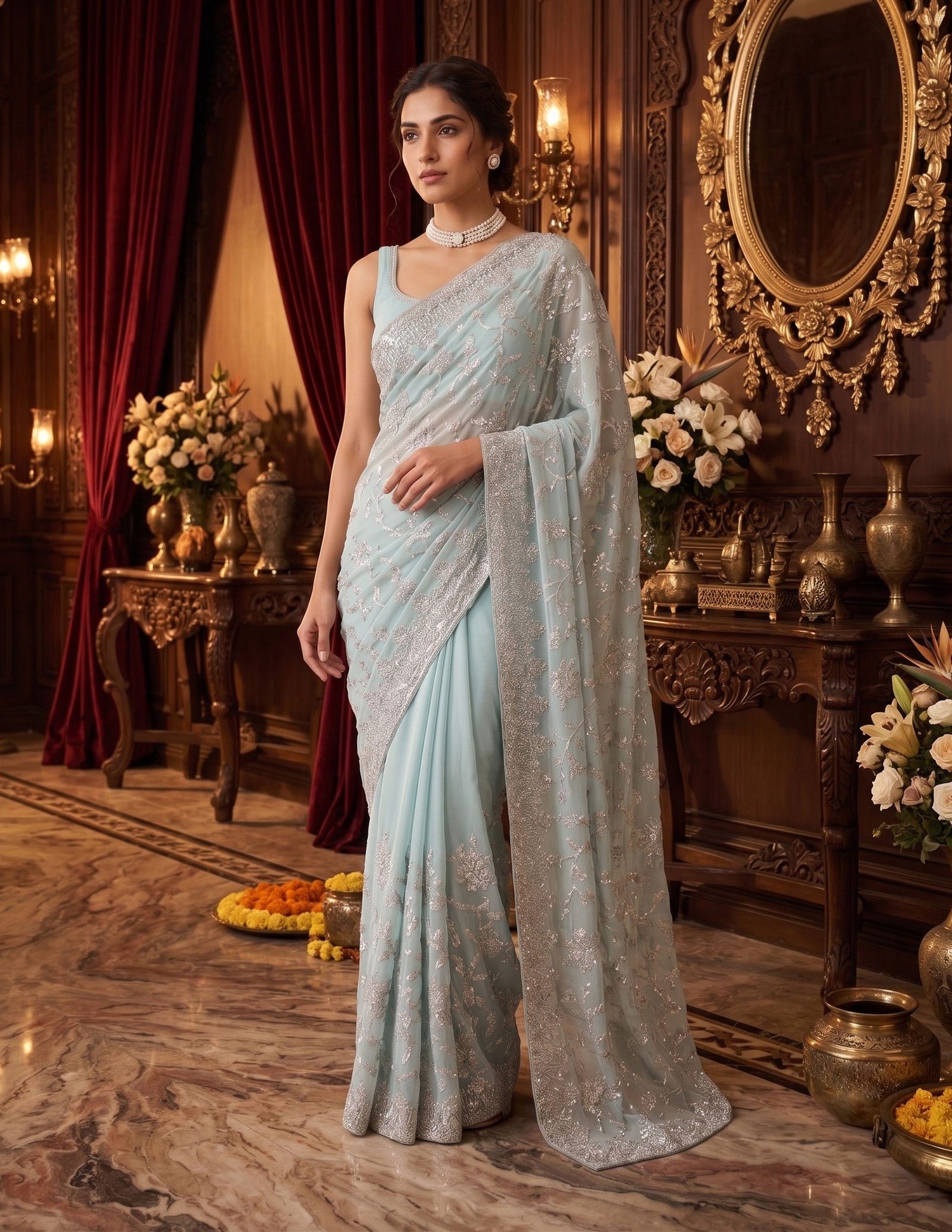 Rajshri Fashions Powder Blue Ethereal Sequin Embroidered Georgette Saree - Rajshri Fashions Sowcarpet Chennai
