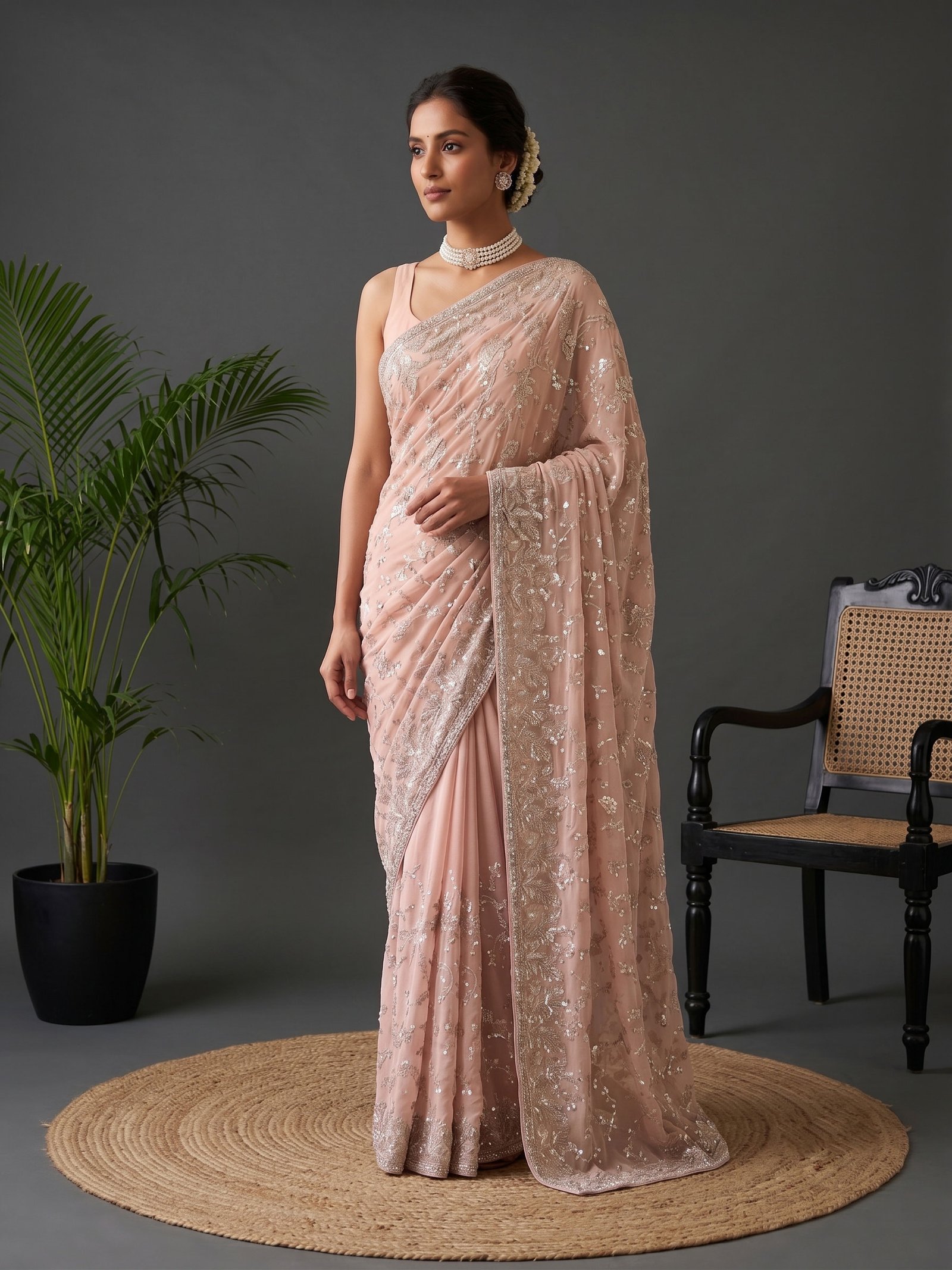 Rajshri Fashions Blush Pink Embellished Sequins & Cutdana Georgette Saree - Rajshri Fashions Sowcarpet Chennai