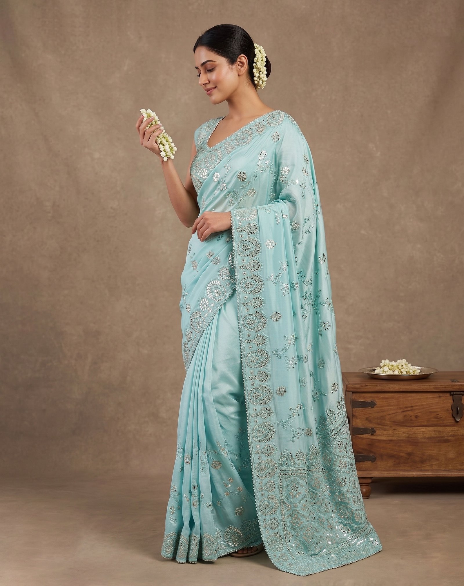 Rajshri Fashions Powder Blue Hand-Embroidered Mirror Work Silk Saree - Rajshri Fashions Sowcarpet Chennai