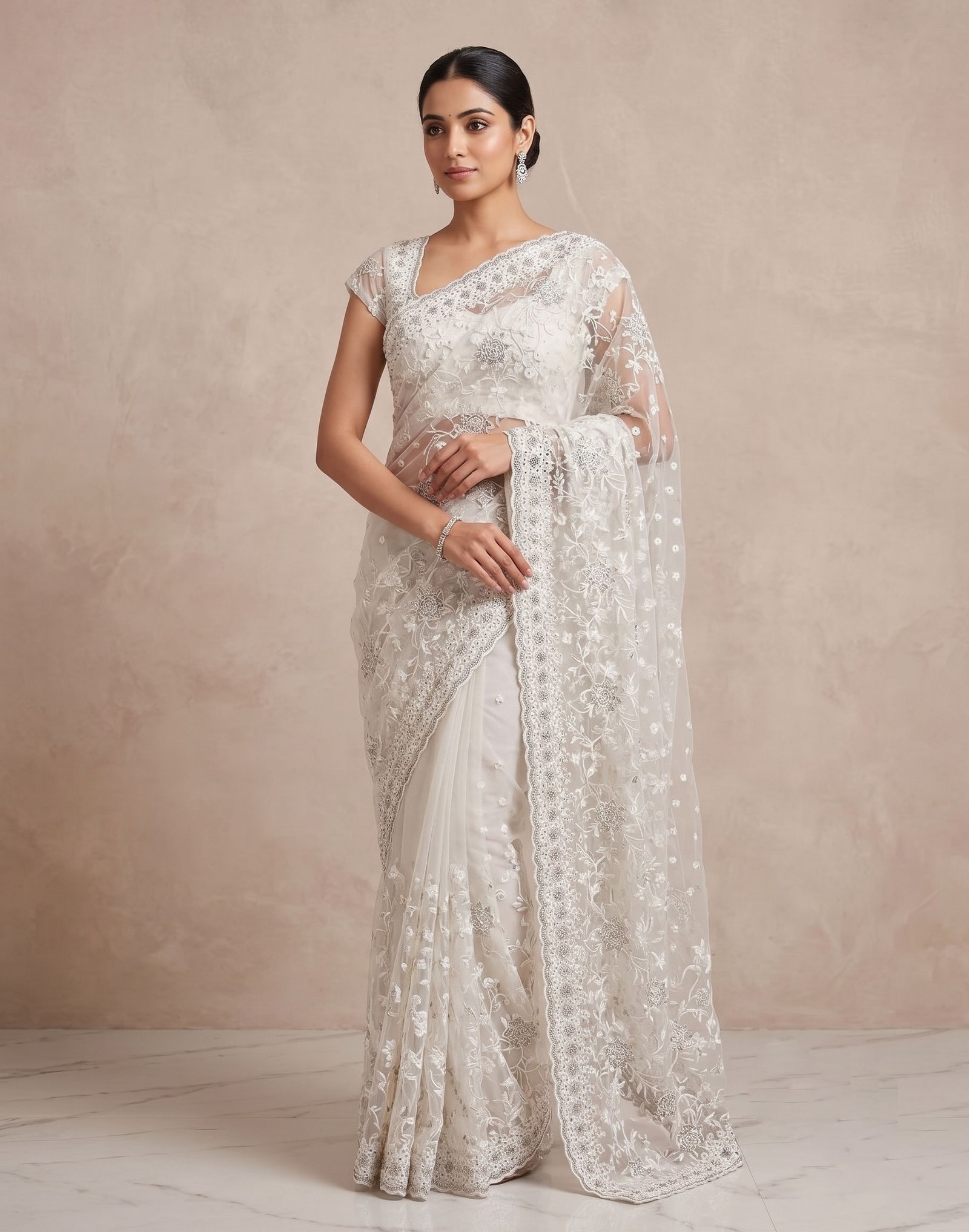Rajshri Fashions Ivory White Ethereal Net Embroidered Saree - Rajshri Fashions Sowcarpet Chennai
