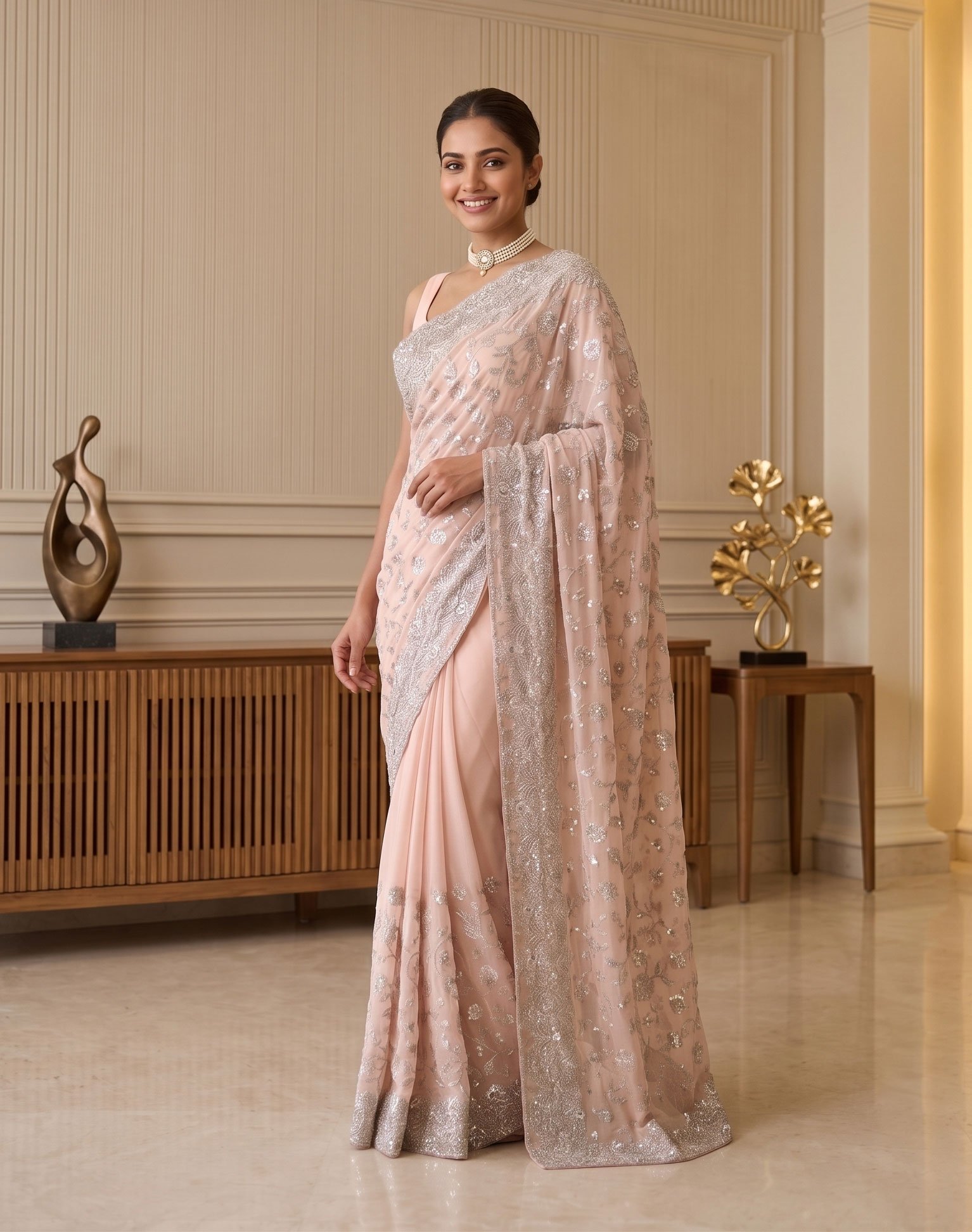 Rajshri Fashions Blush Pink Georgette Saree with Silver Cutdana Embroidery - Rajshri Fashions Sowcarpet Chennai