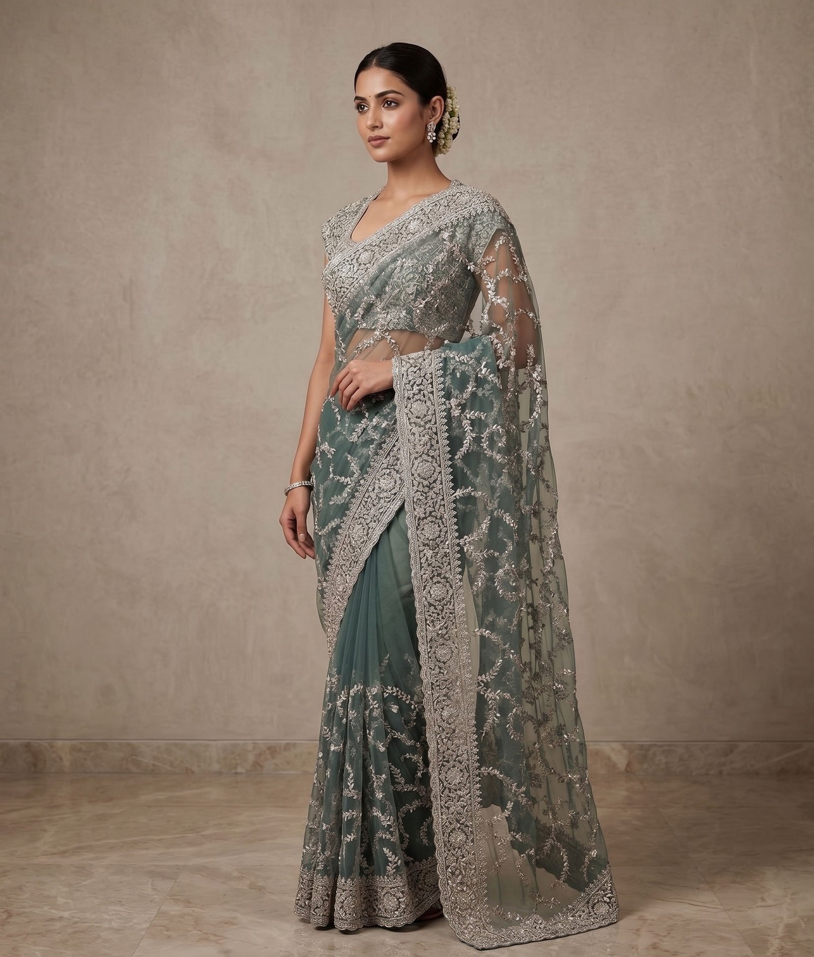 Rajshri Fashions Slate Grey Embroidered Net Saree - Rajshri Fashions Sowcarpet Chennai