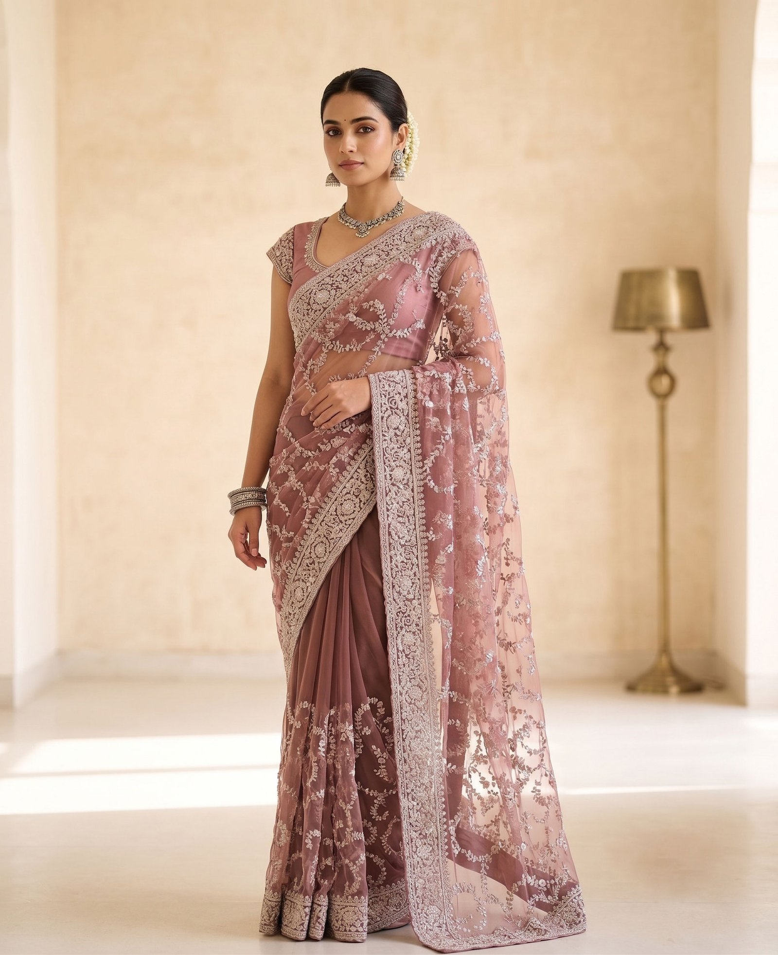 Rajshri Fashions Dusty Rose Embroidered Net Saree - Rajshri Fashions Sowcarpet Chennai