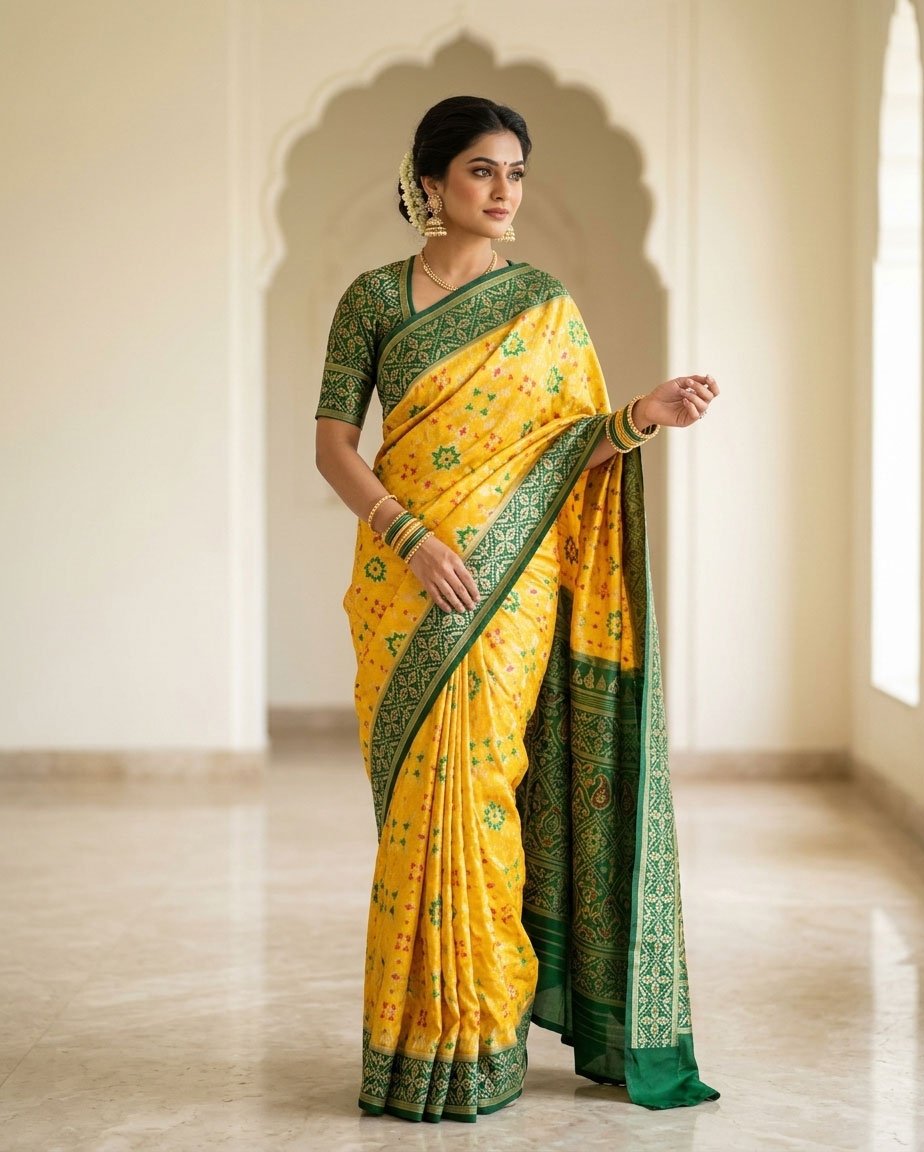 Rajshri Fashions Mustard Yellow Patola Silk Saree with Emerald Green Border - Rajshri Fashions Sowcarpet Chennai