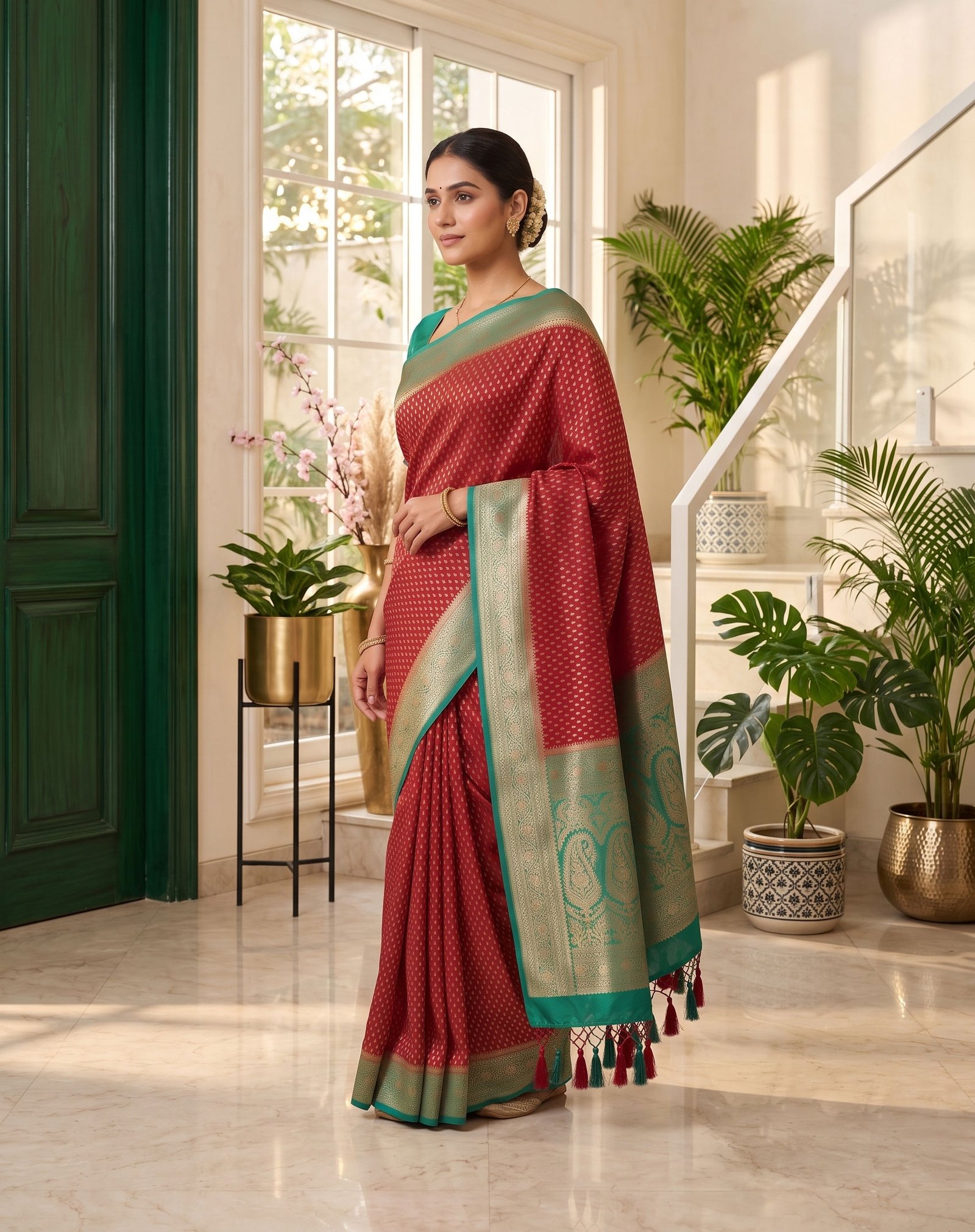 Rajshri Fashions Crimson Red Banarasi Silk Saree with Teal Green Border - Rajshri Fashions Sowcarpet Chennai