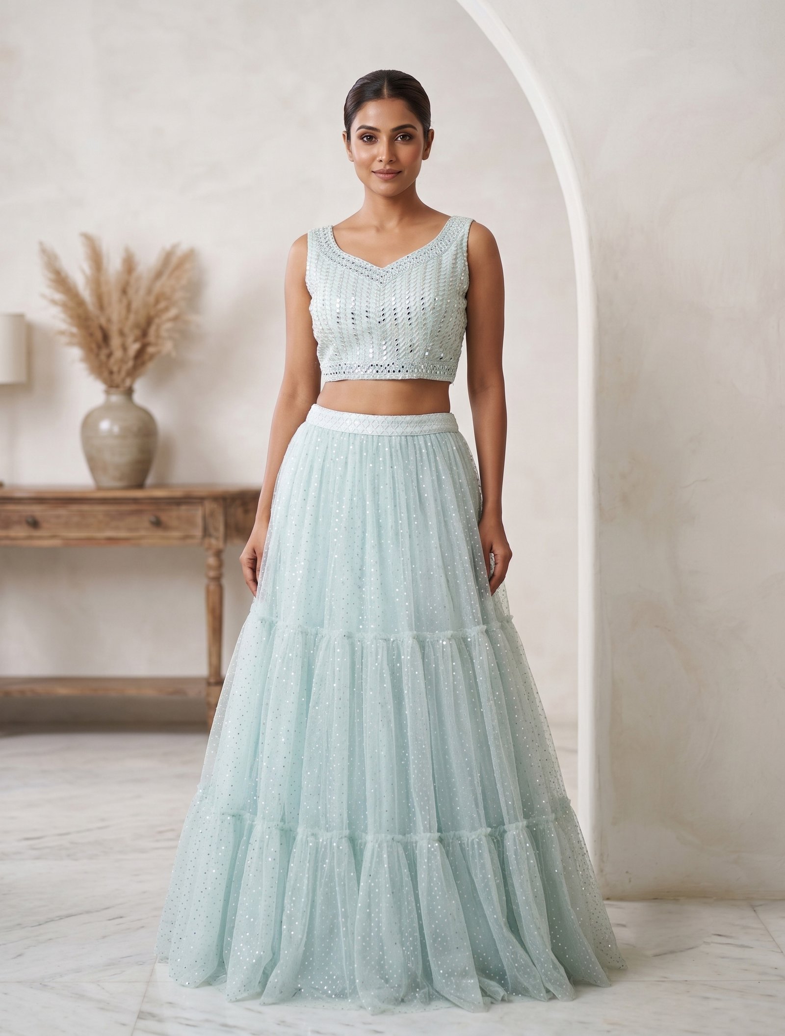 Rajshri Fashions Powder Blue Sequined Tiered Net Lehenga Set - Rajshri Fashions Sowcarpet Chennai