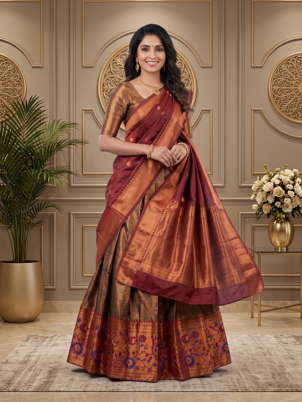 Rajshri Fashions Royal Maroon & Bronze Kanjivaram Silk Half Saree - Rajshri Fashions Sowcarpet Chennai